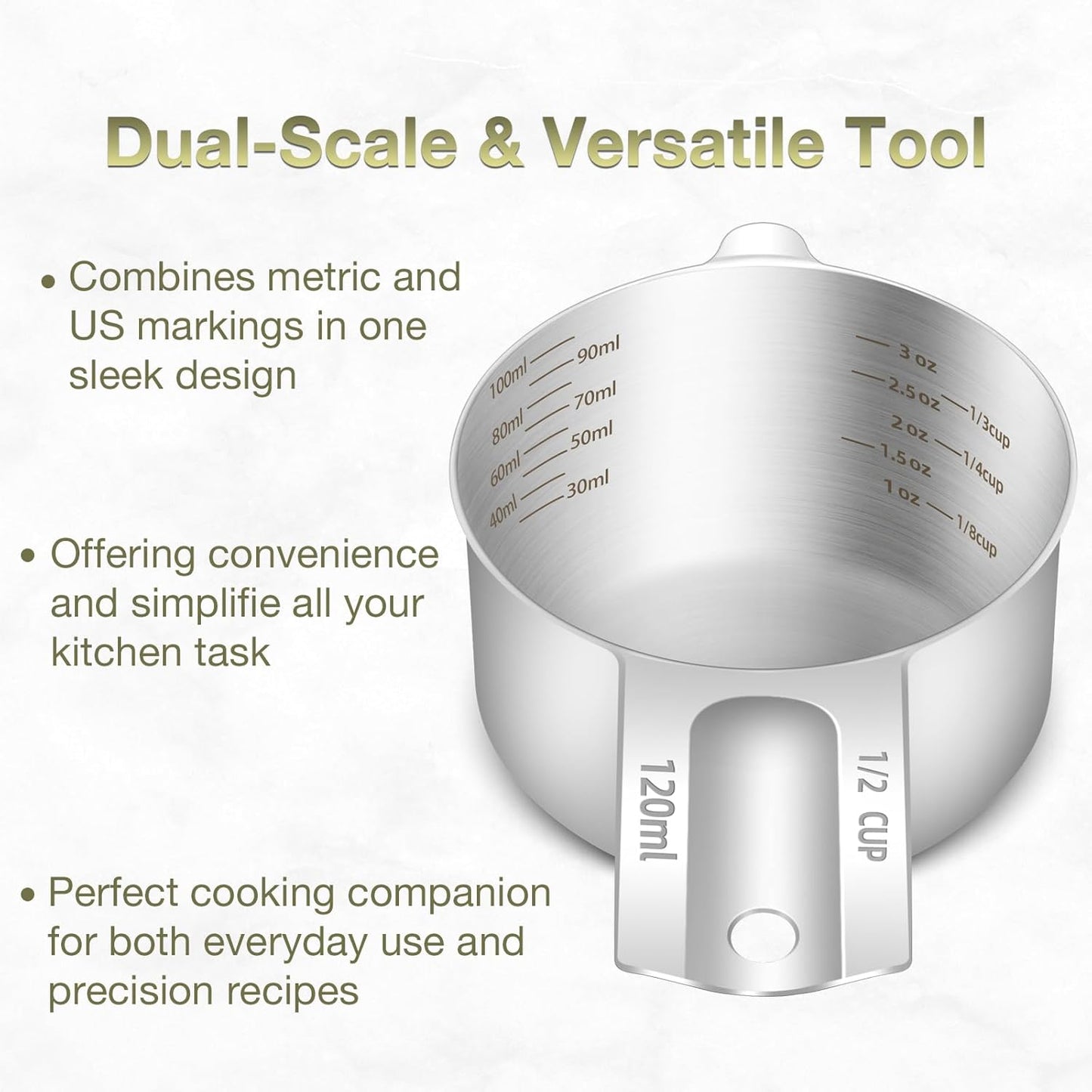 1PCS 1/2Cup (120ml, 4oz) Single Measuring Cup, Etched Inner Scale Stainless Steel Measure Scoop, Metric and US Measurement, Dishwasher Safe