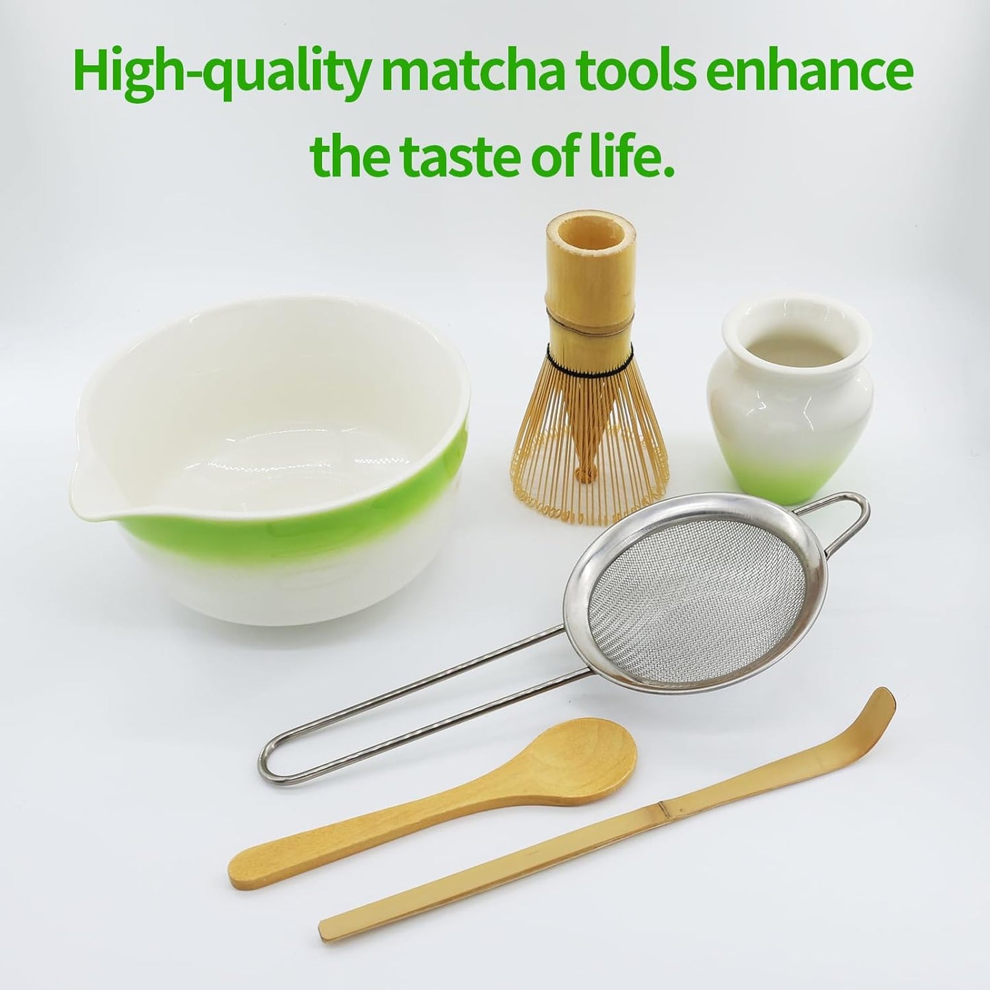 Matcha Whisk Set 7 Pcs Ceremony Kit - Gradient Glaze Ceramic Bowl, Bamboo Chasen & Holder, Sifter Scoop Gift for Matcha Lovers (Christmas/Birthday) (Green)