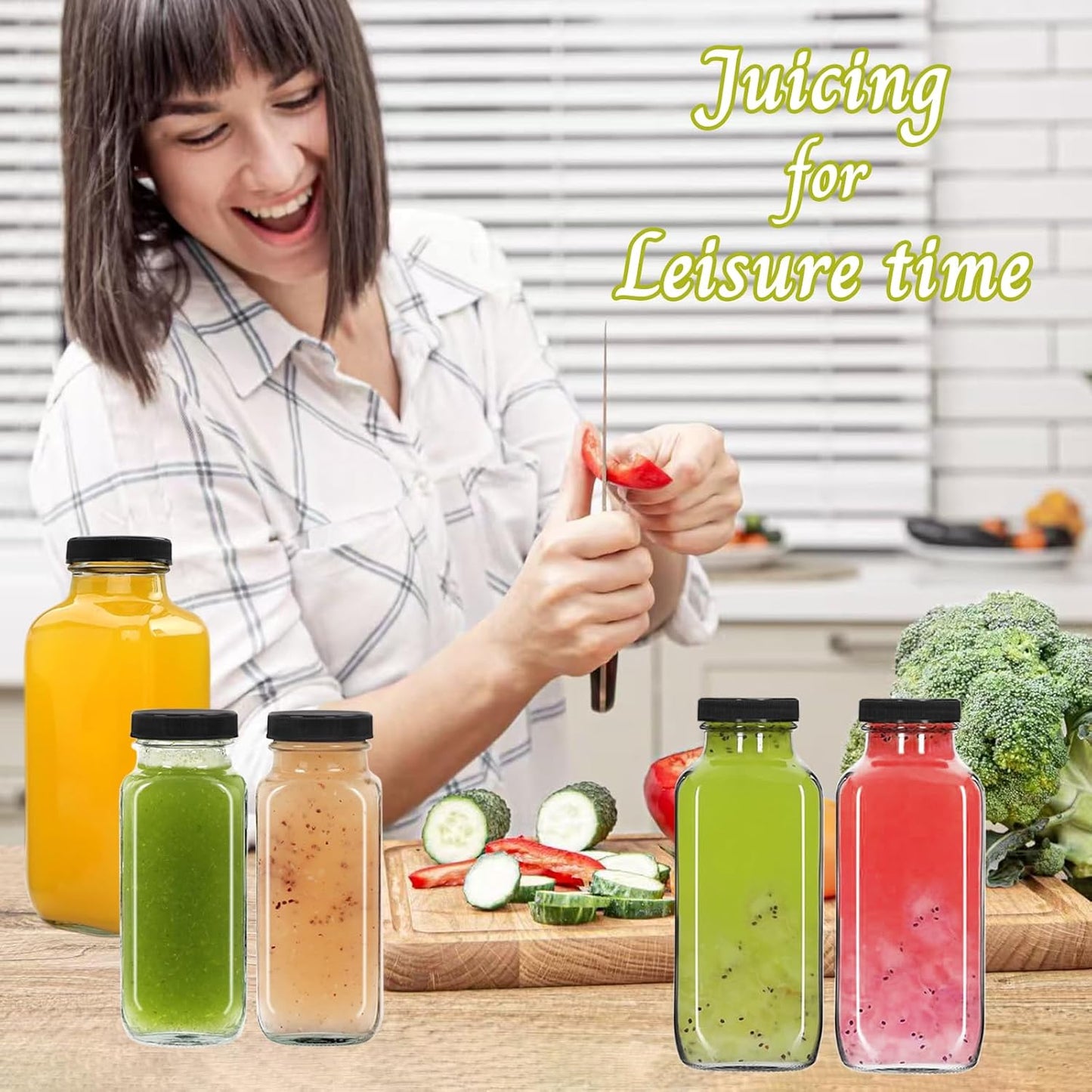 12 pack 12 oz Glass Juice Bottles with Lids, 360 ml Reusable Glass Water Bottles, Empty Drink Containers Drinking Jars with Brush, for Milk, Juicing, Kombucha, Ginger