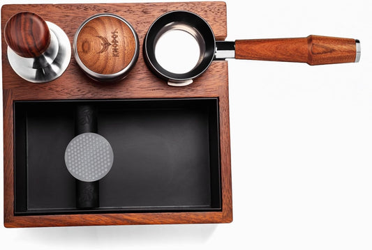 58mm Espresso Tool Set for E61 Group Head 58mm Bottomless Portafilter, Knock Box, Adjustable Distributor, Magnetic Dosing Funnel, Puck Screen and Precision Tamper