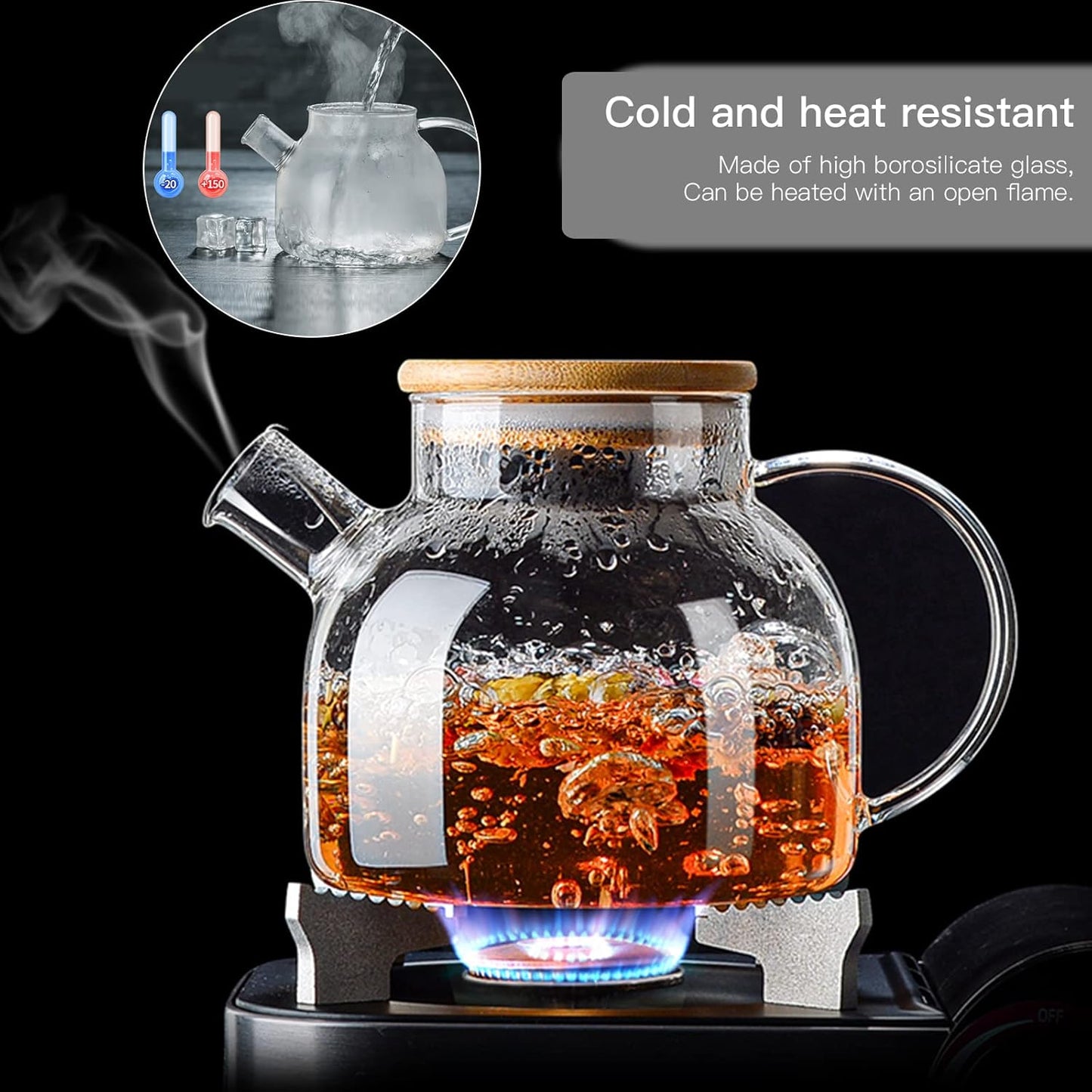 Glass Teapot 34oz/1000ml, Stovetop & Microwave Safe Borosilicate Tea Pot,Clear Teapot with Strainer, Glass Tea Kettle with Wooden Lid for Loose Leaf、Fruit Tea and Fragrant Tea