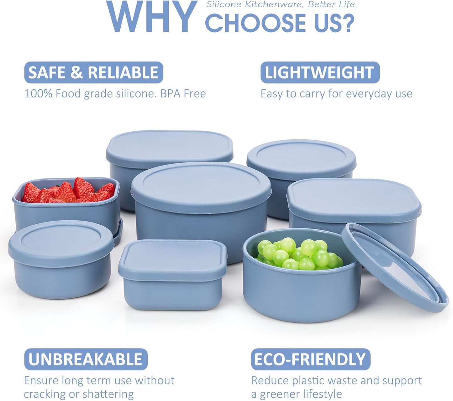 100% Silicone Food Storage Containers with Lids, 8 Pack, 10oz to 51oz, Reusable Leakproof Nesting & Stackable Silicone Bento Lunch Box, Microwave Freezer Dishwasher Oven Safe, BPA Free, Slate Blue