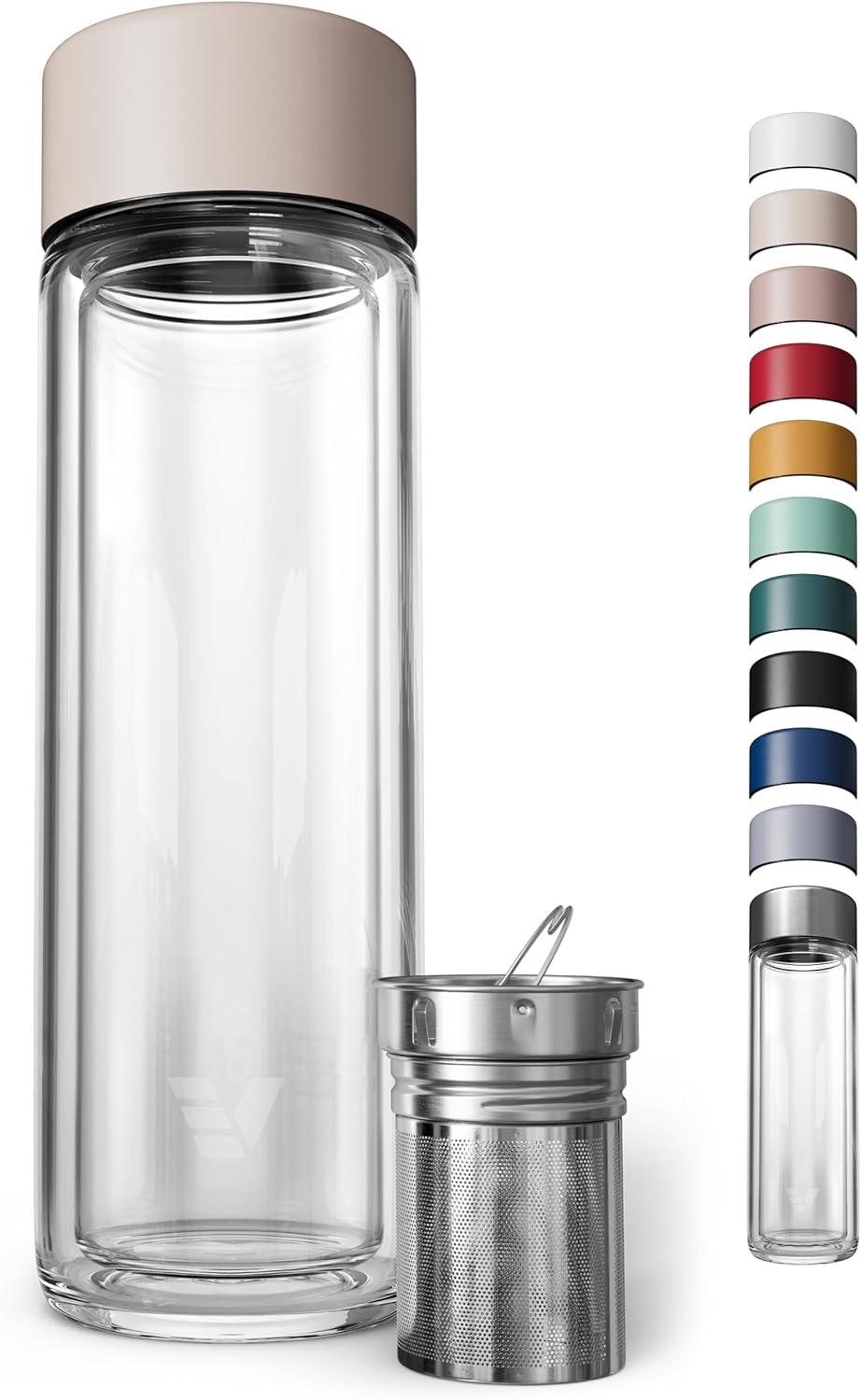 Glass Multi Tea Infuser Bottle 14oz - Double Wall Borosilicate Glass Flask | No Plastic Touches Contents | Perfect for Office or Home - Beige