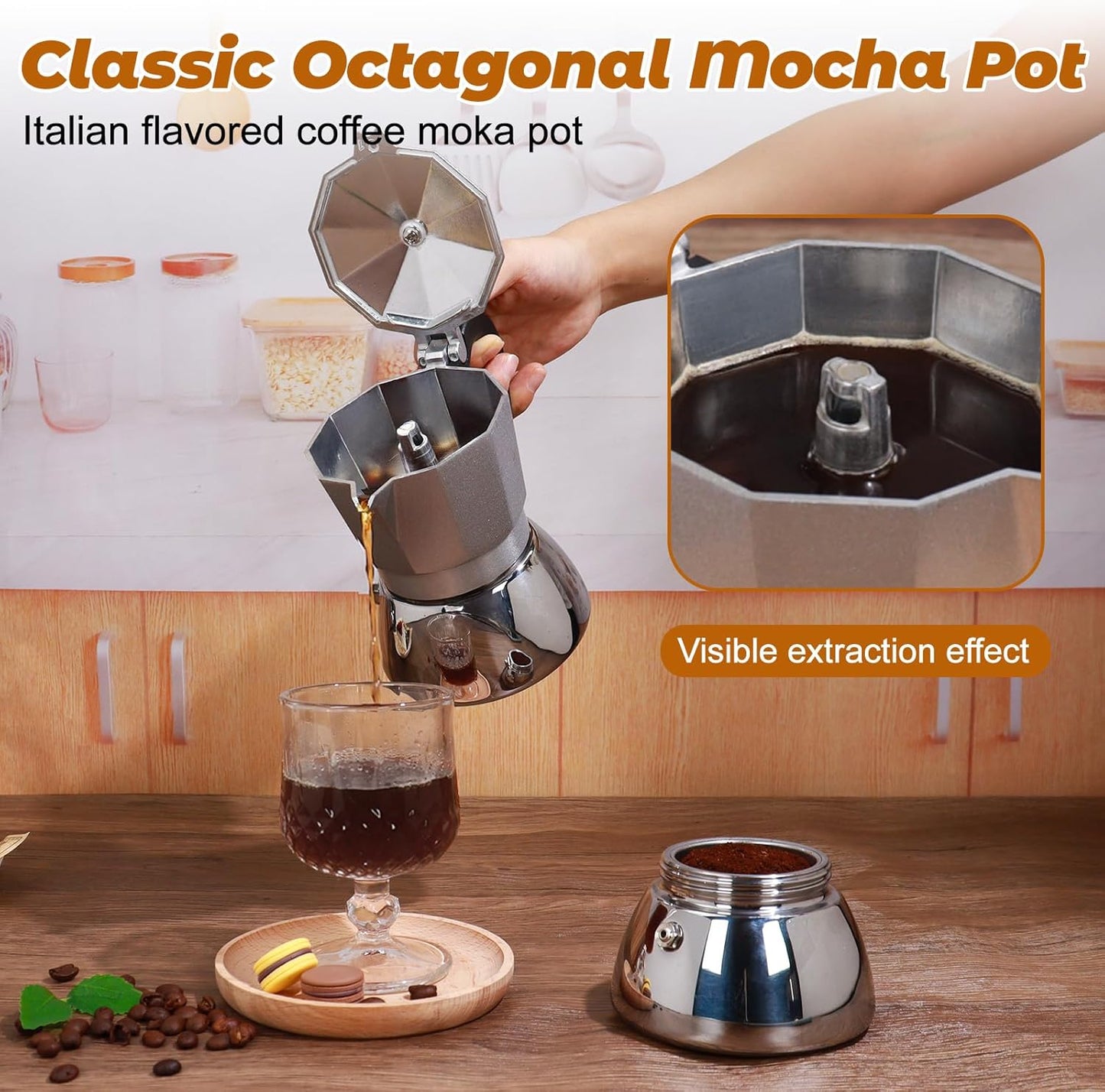 No Coating 6 Cup Aluminum and Stainless Steel Moka Pot Stovetop Espresso Maker Italian Coffee Machine 350ml 11.84oz Suitable for Gas Induction Stovetop Greca Coffee Maker Percolator Silver