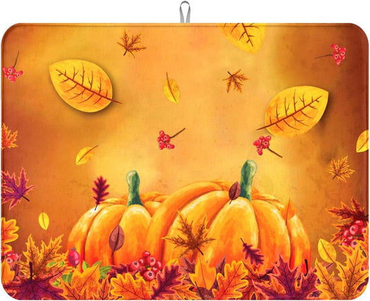 Autumn Fall Dish Drying Mat Harvest Pumpkin Maple Leaf 18 X 24 Inch For Kitchen Counter Reversible Dish Drying Pad Water Absorbing And Drying Mat For Kitchen Coffee Bar Decoration