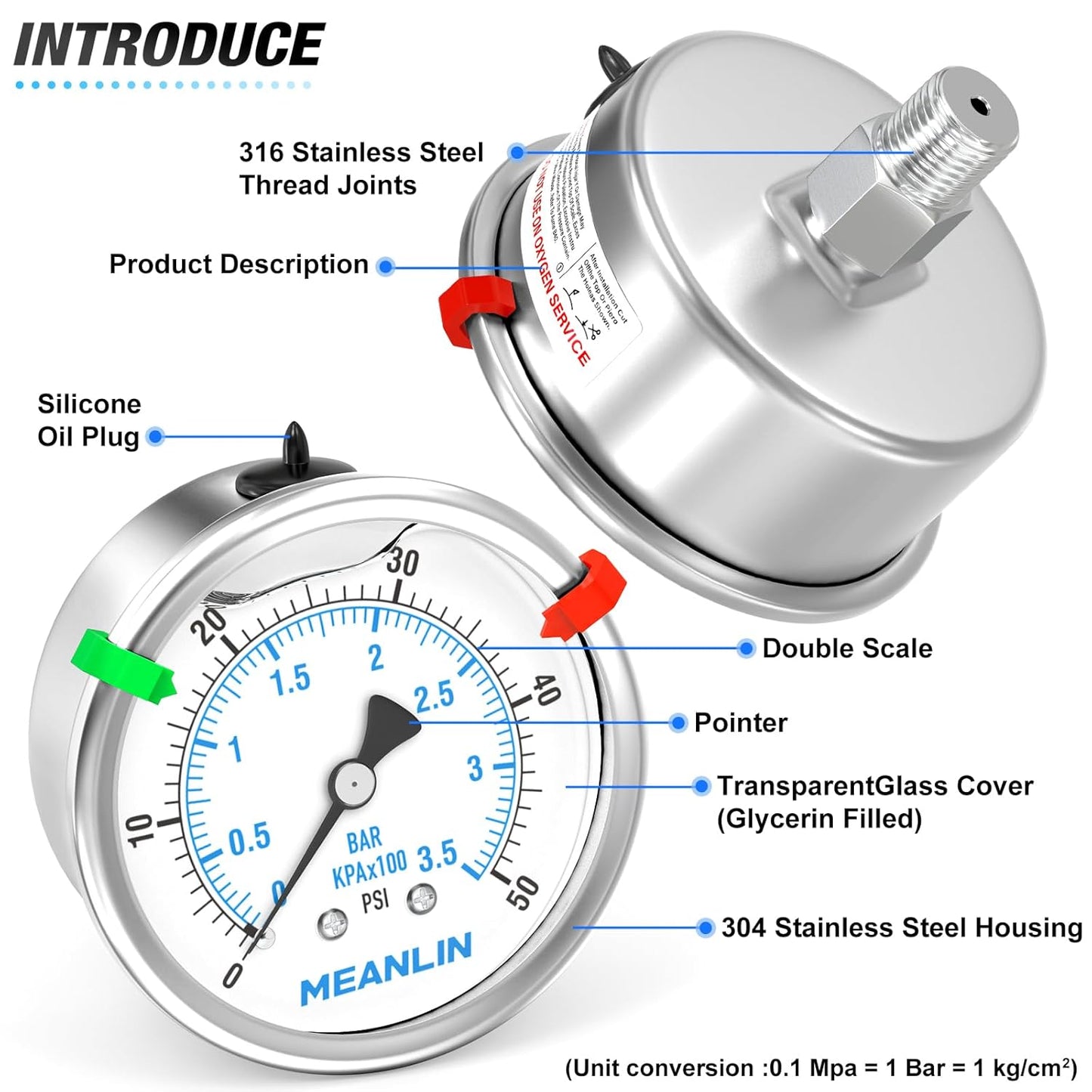 MEANLIN MEASURE 0~50Psi Stainless Steel Liquid Filled Pressure Gauge 2.5" FACE DIAL 1/4" NPT for Pool Sand Filter Water Oil Air Pressure Test Back Mount with Stainless Steel Hex Bushing and Snaps