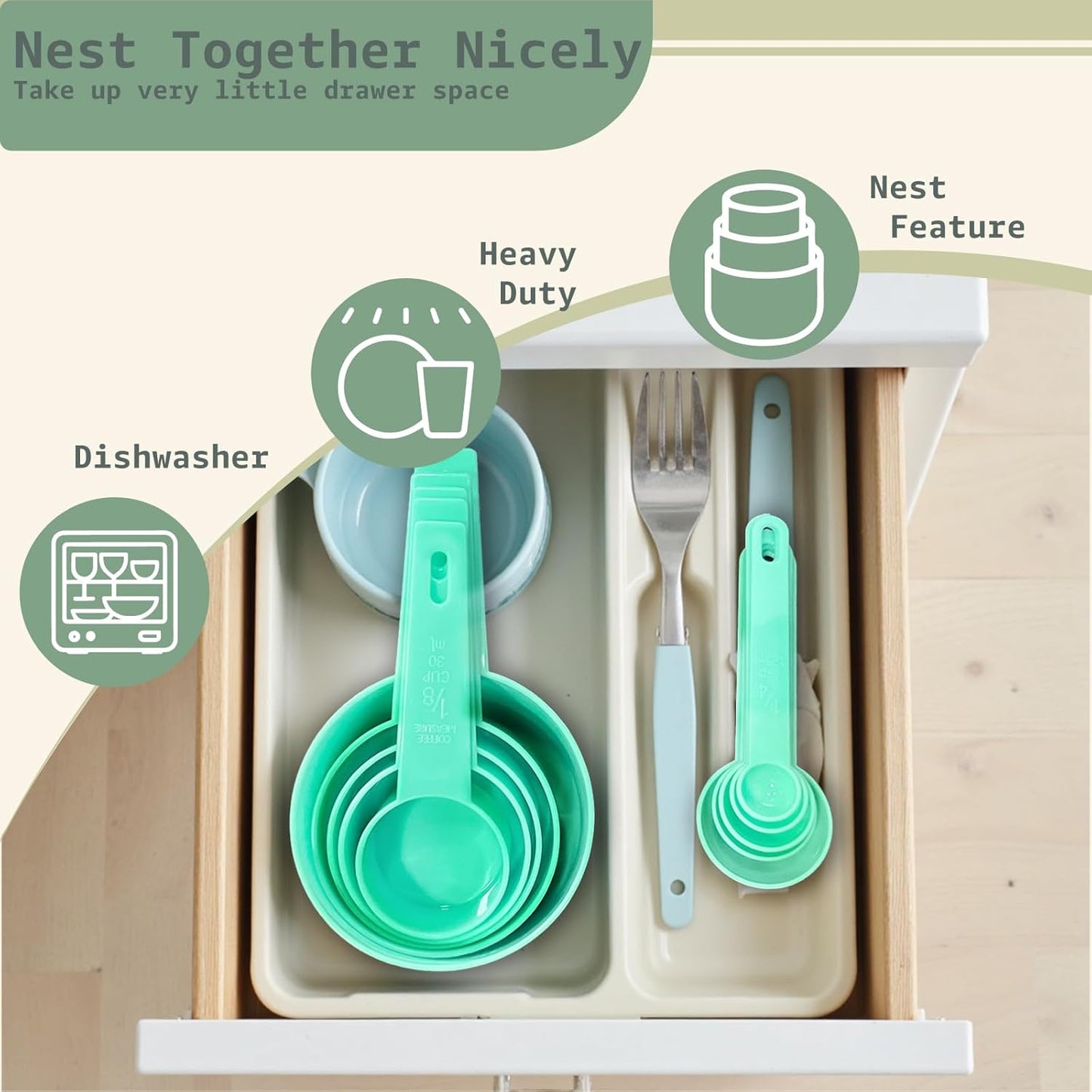 Inmorven 10pcs Measuring Cups and Spoons Set, BPA-Free Plastic Kitchen Baking Tools with Engraved Markings, Stackable Design for Dry & Liquid Ingredients (Green)
