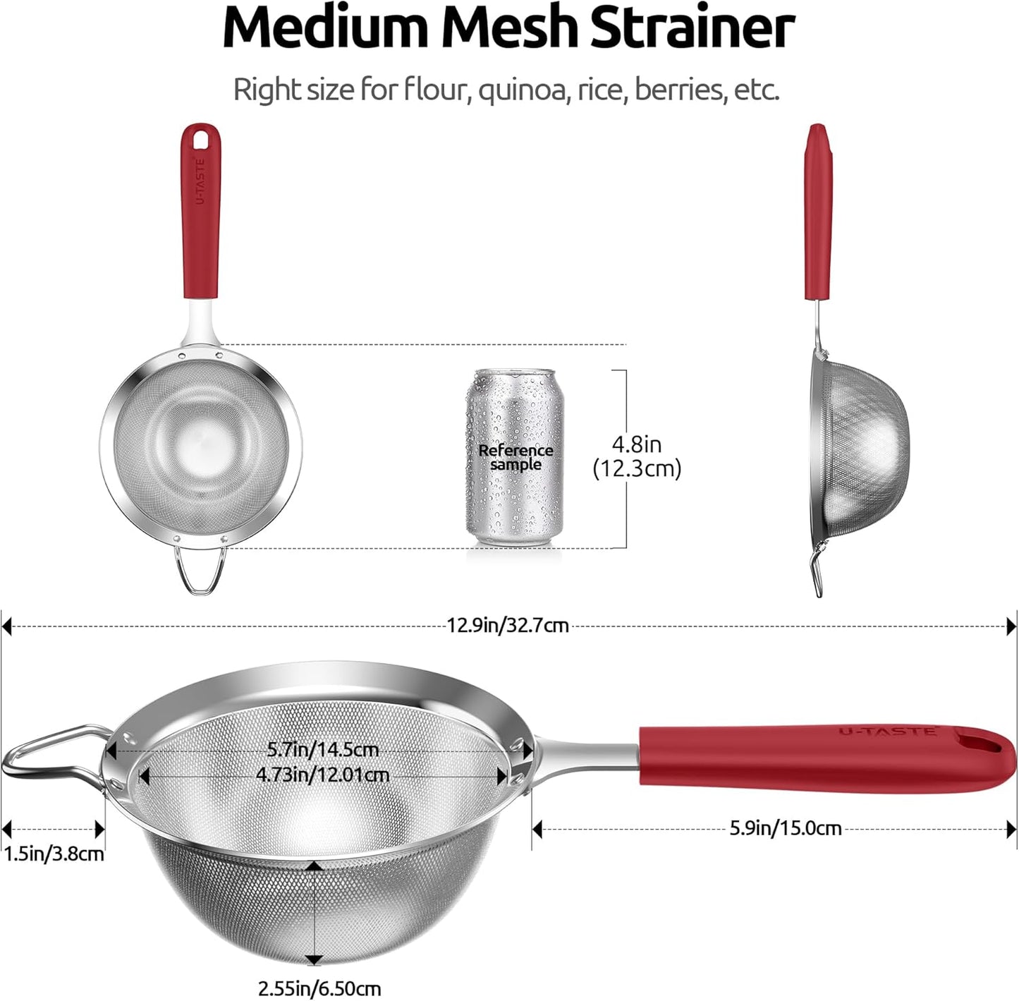 U-Taste Medium Fine Mesh Strainer: 18/8 Stainless Steel 4.73in 30 Mesh Kitchen Food Sieve with Sturdy Riveted Silicone Handle, Heavy Duty Deep Handheld Metal Colander for Rice, Quinoa, Flour (Red)
