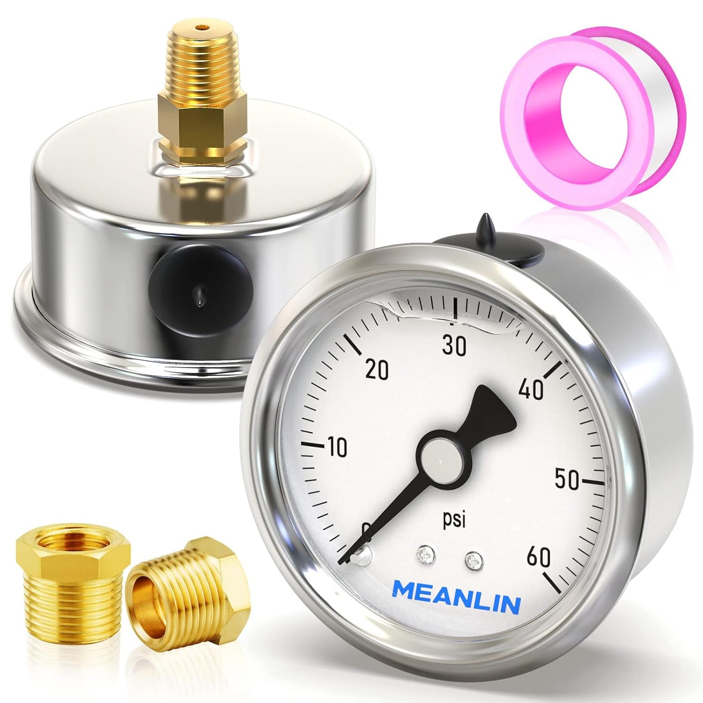 MEANLIN MEASURE 0~60Psi Stainless Steel 1/4" NPT 2.5" Single Scale FACE DIAL, Glycerin Filled Pressure Gauge, Pool Sand Filter, Back Mount, with 1/4" x 1/2" NPT and 1/4" x 3/8" NPT Hex Bushing