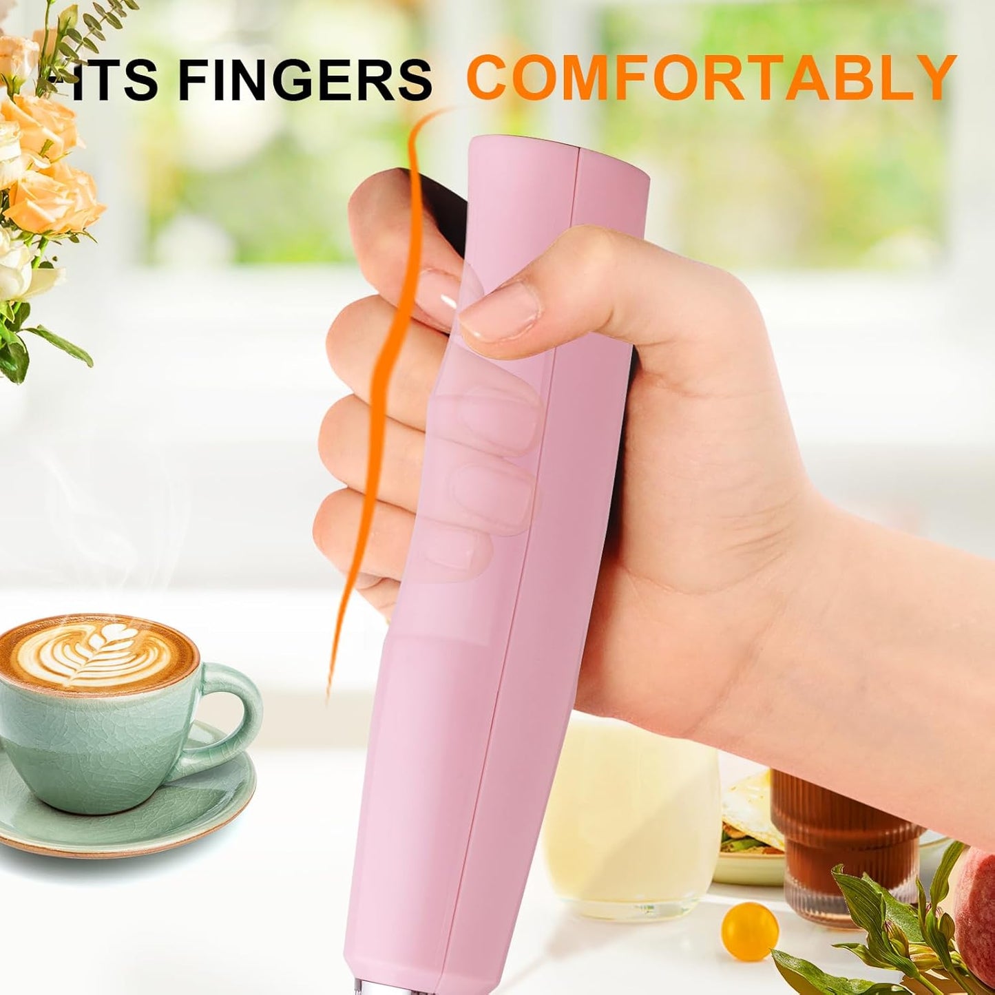 YUSWKO Pink Handheld Milk Frother Wand with Stand for Coffee, Rechargeable Electric Whisk with 3 Heads 3 Speeds Drink Mixer Coffee Frother For Latte, Cappuccino, Hot Chocolate, Egg