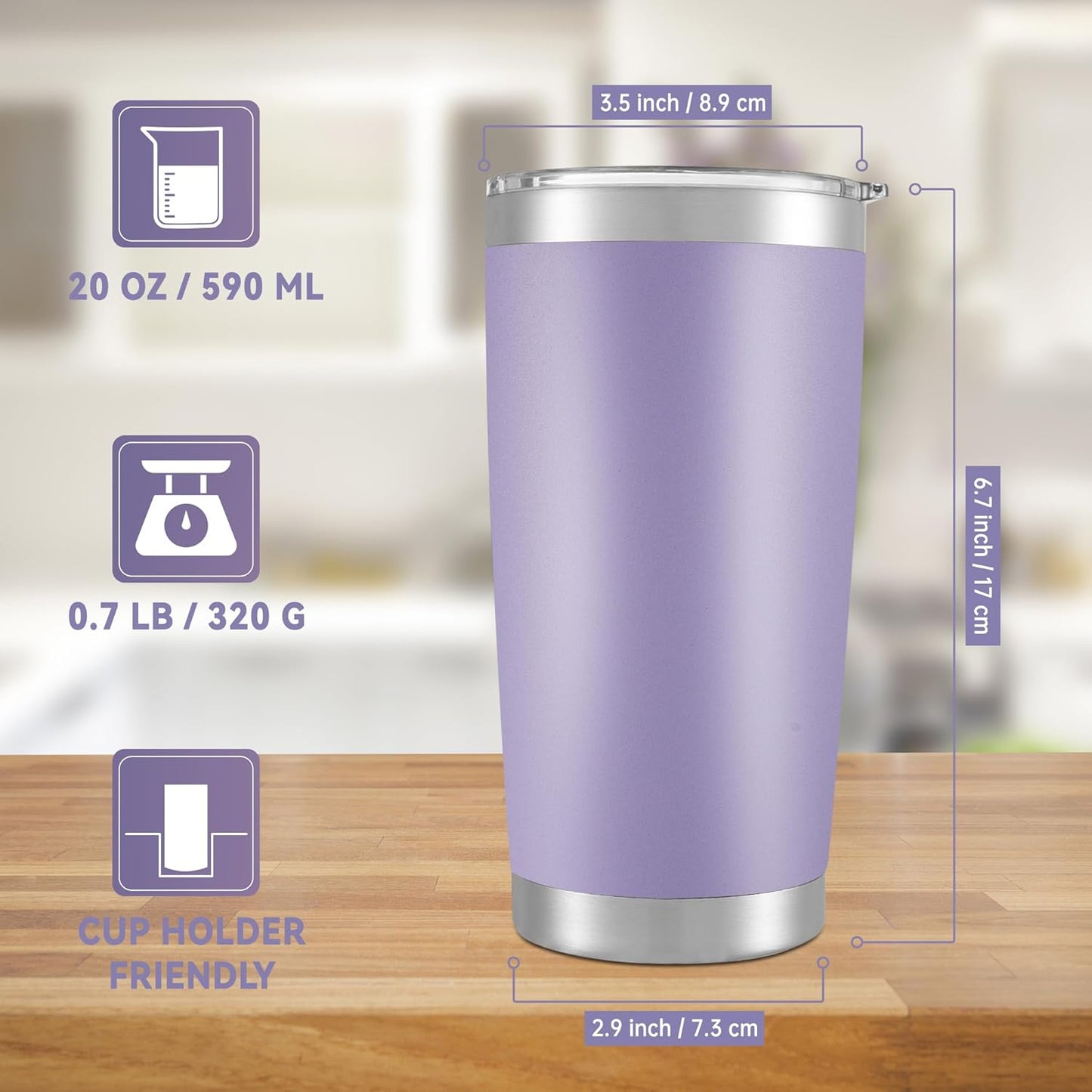 20 oz Tumbler Stainless Steel Tumblers with Lid Double Wall Vacuum Insulated Coffee Mug 20oz Powder Coated Cup for Hot and Cold Drinks, Purple, 1 pack