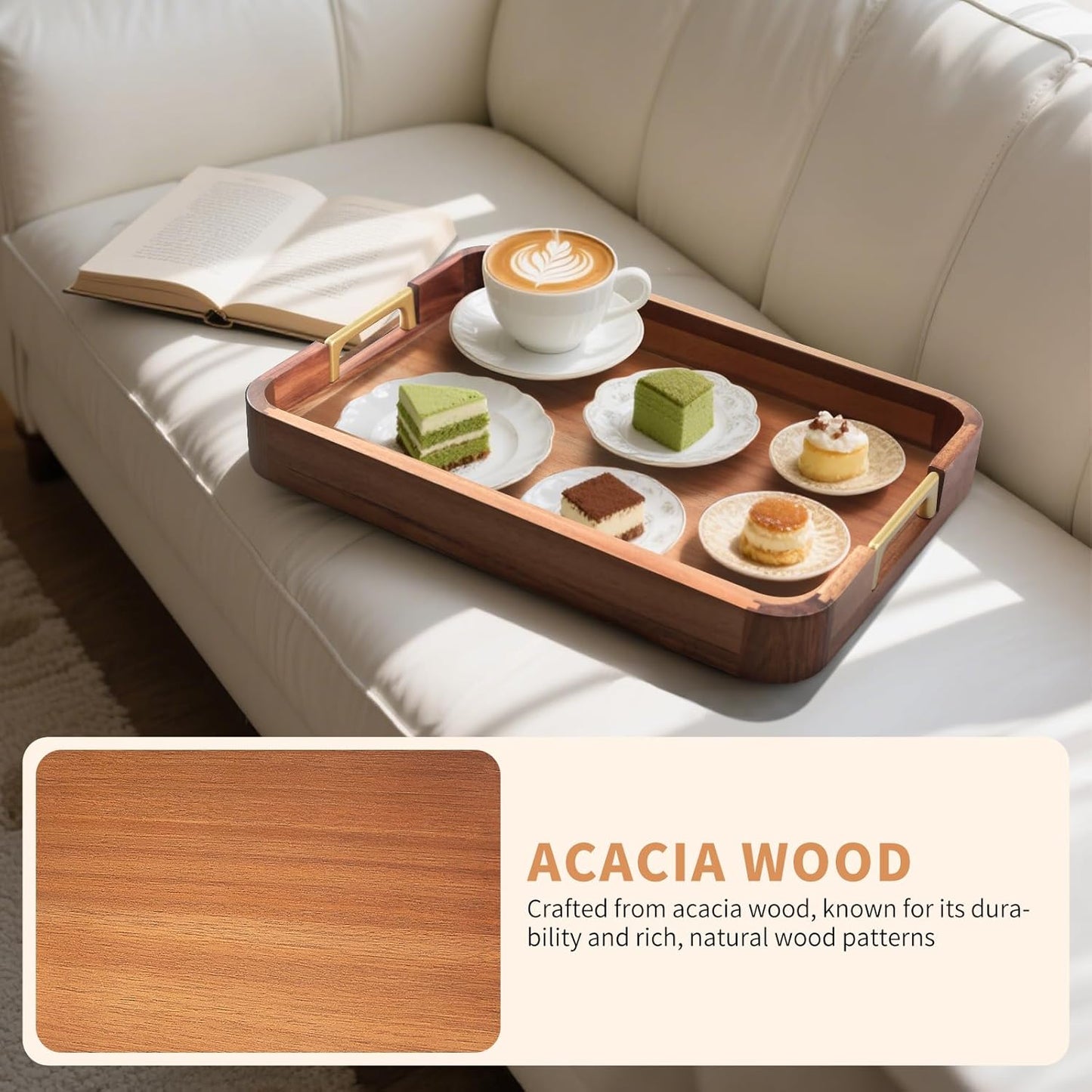 Acacia Wood Serving Tray with Metal Handles, 17x12in Food Drinks Tray for Coffee Table, Breakfast, Dinner & Bar, Rustic Decorative Storage Tray for Ottoman, Kitchen, Parties