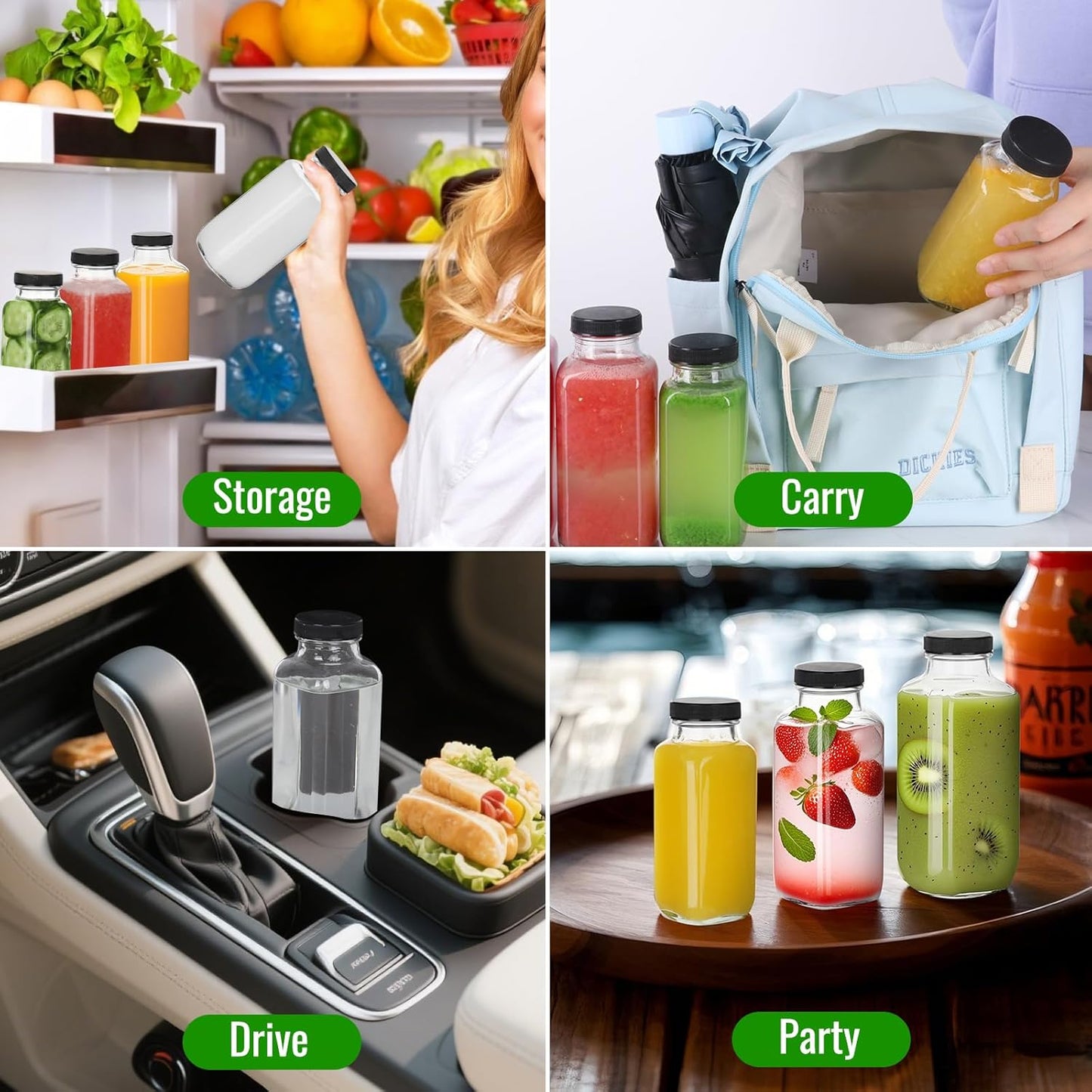 BIGIVACA 12 oz Glass Juice Bottles with Lids,3 PACK Bottles for Juicing,Square Drinking Jars Glass for Coffee,Cola,Milk,Tea in Travel,Work,School