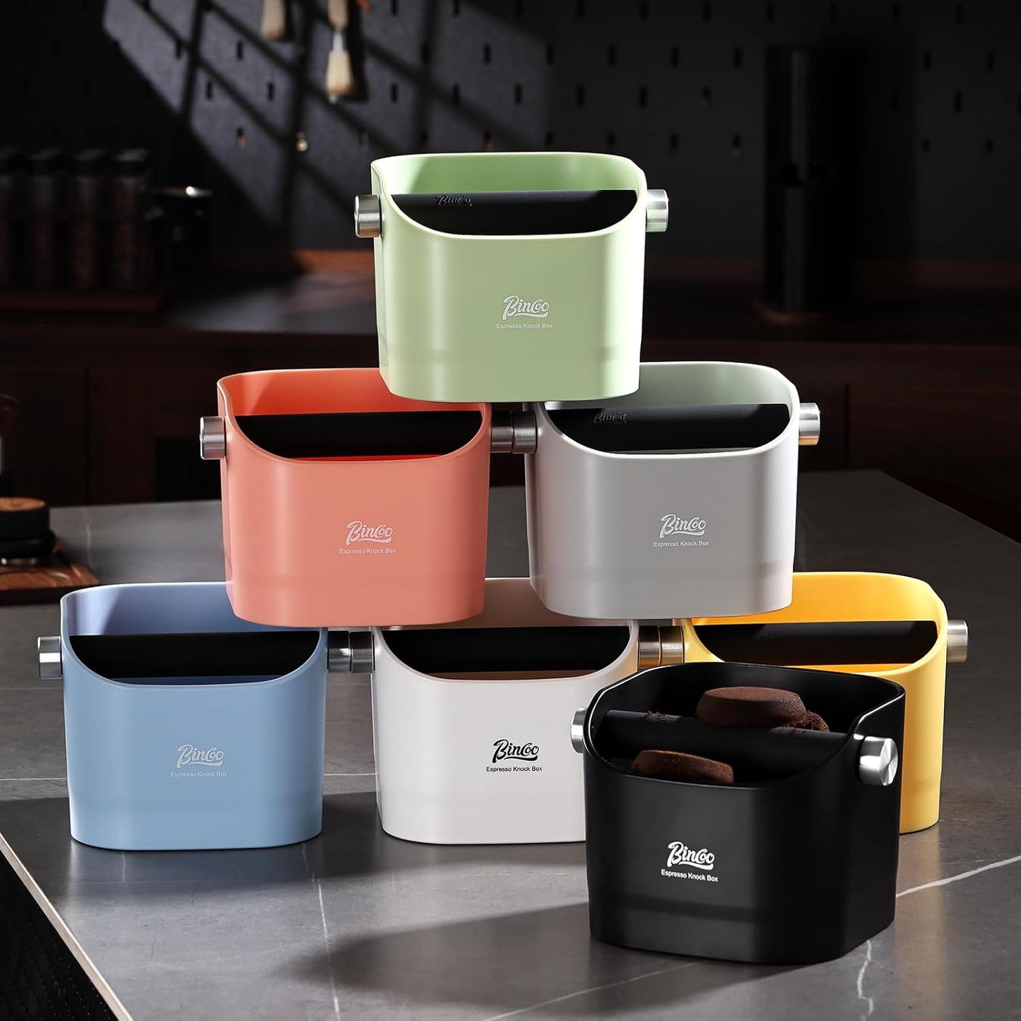 Espresso Knock Box - Bincoo Espresso Machine Knock Box/Espresso Grounds Knock Box, Barista Style Coffee Knock Box for Grounds with Removable Shock-Absorbent Knock Bar and Anti-Slip Base. (Grey)