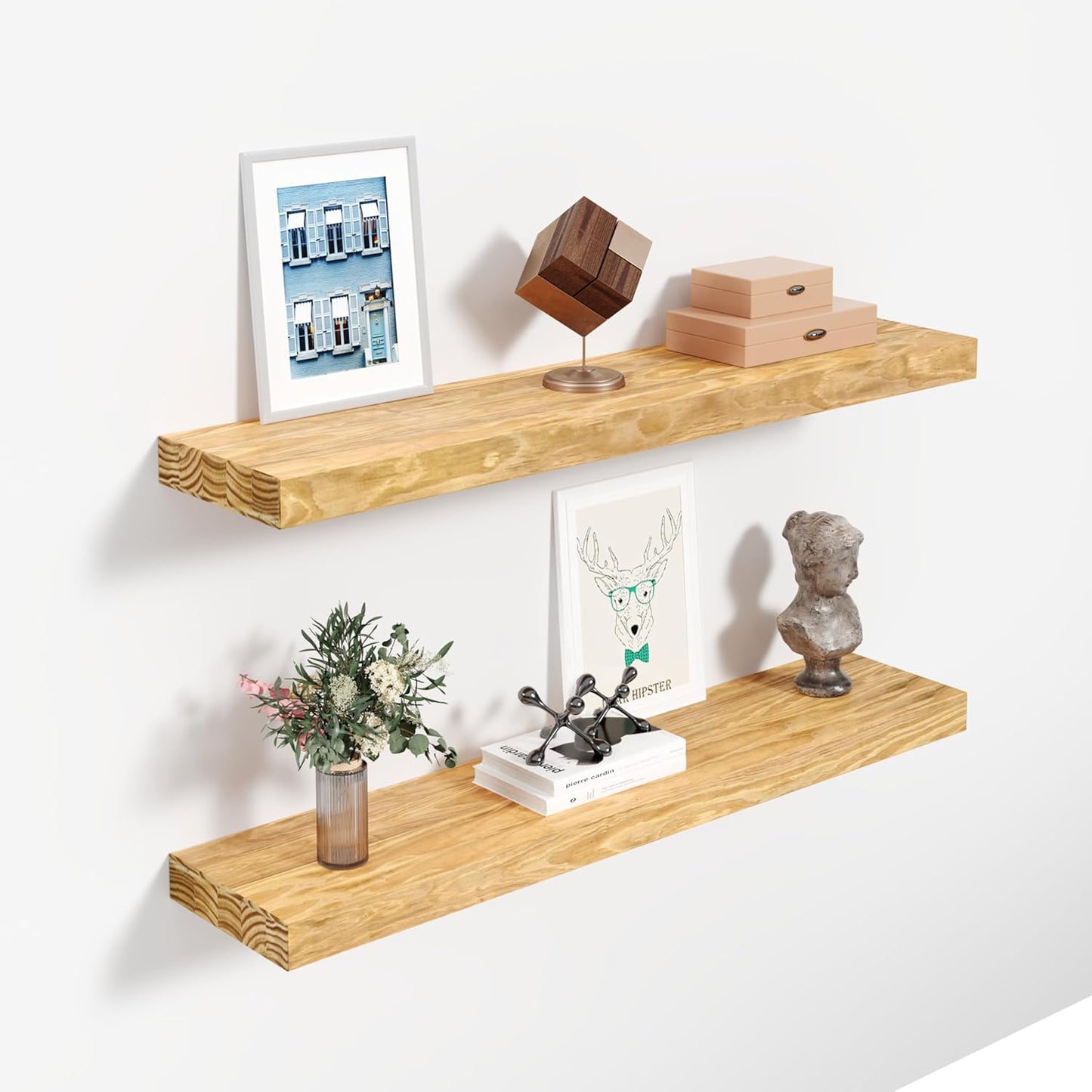 24'' Pine Wood Floating Shelves for Wall- Set of 2 - Rustic Wall Mounted Wooden Shelf for Stylish Home Décor - Natural Color - 24x6.5x1.25 Inches, 2pcs