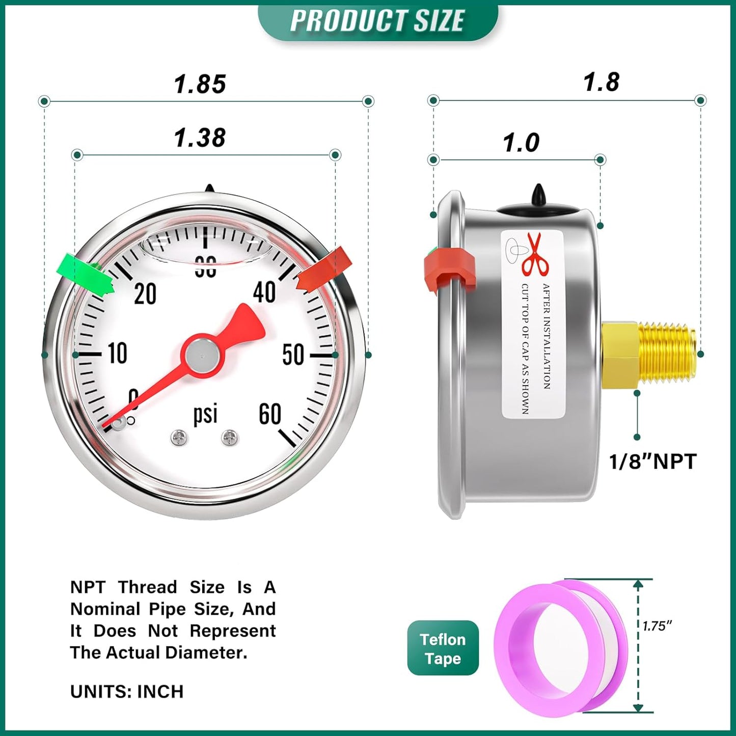0-60psi Stainless Steel Glycerin Liquid Filled Pressure Gauge 1/8" NPT 1.5" Face Dial, Center Back Mount, for Water, Oil and Air Pressure Testing (with Range Mark Pointer)