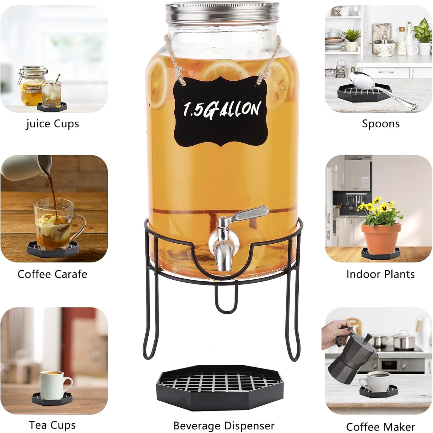 5.3" Octagonal Coffee Drip Tray | Black Plastic Honeycomb Grid Countertop Tray for Coffee, Tea, Wine & Beverage Dispensers,Pack of 2 (2, 5.3in)