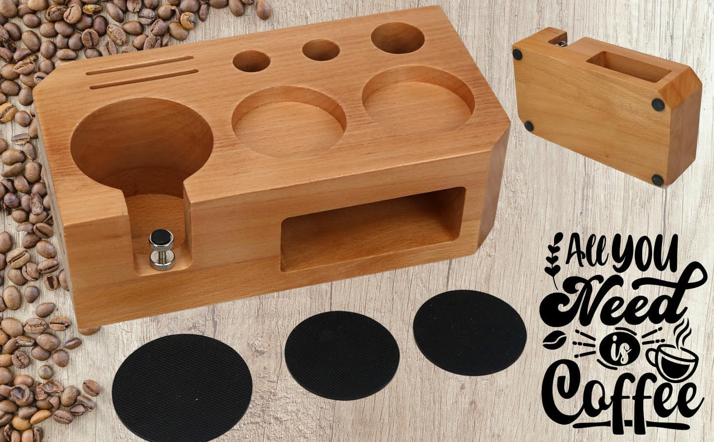 Espresso Tamping Station With Tools - 51, 53, 54 mm - Includes Coffee Tamper, Distributor, Dosing Funnel & Brush - Wooden Coffee Tamper Station - Espresso Organizer & Portafilter Holder