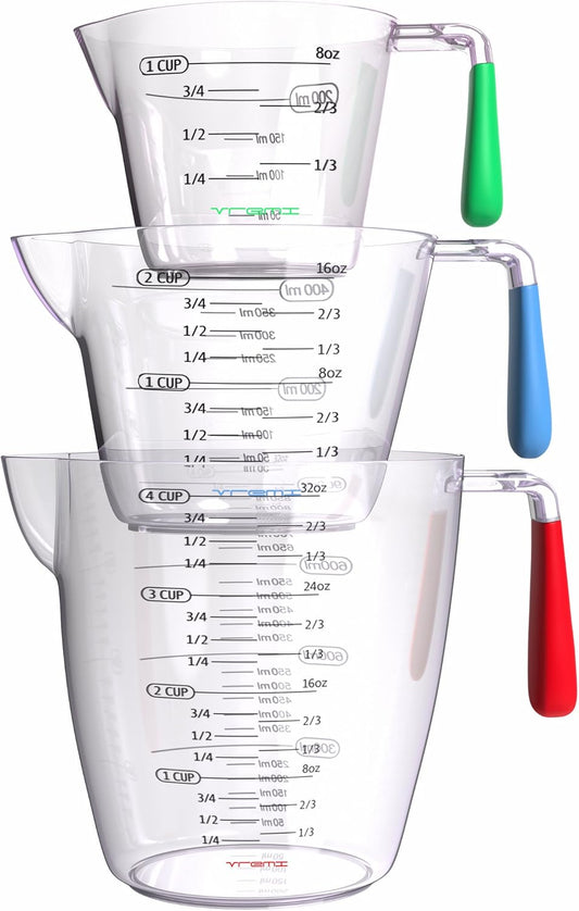 Vremi 3 Piece Plastic Measuring Cups Set - BPA Free Liquid Nesting Stackable Measuring Cups with Spout and Decorative Red Blue and Green Handles - includes 1, 2 and 4 Cup with Ml and Oz Measurement