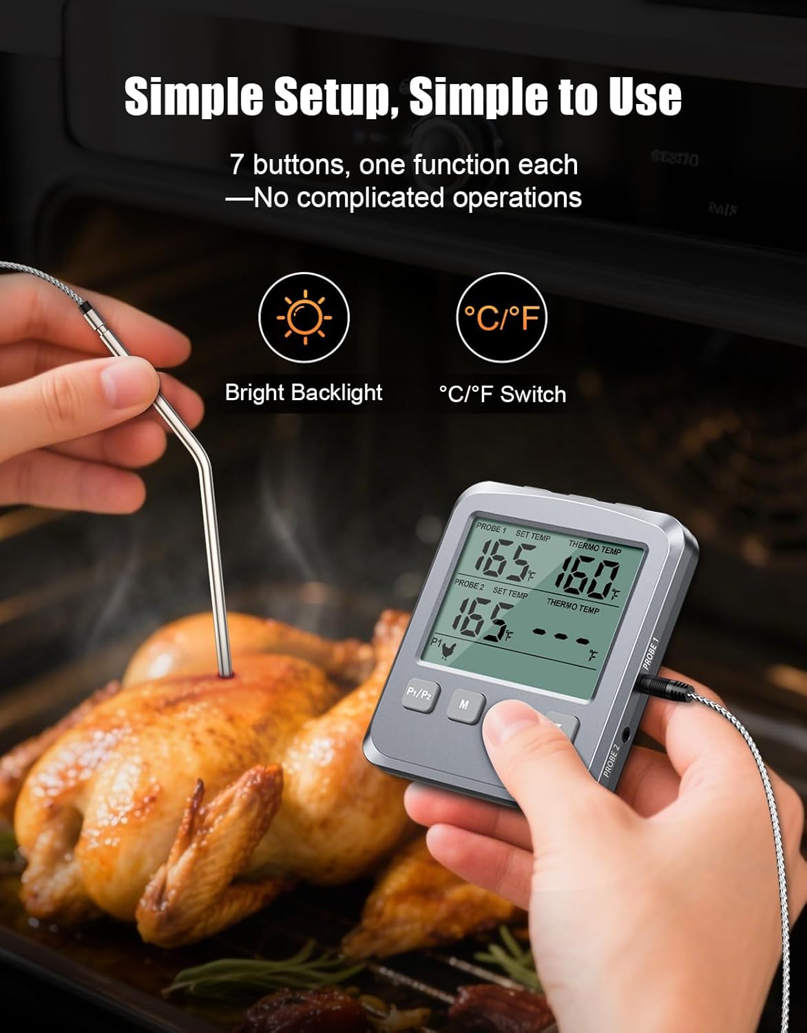 Dual Probe Meat Thermometer Digital for Cooking, Grilling & Smoking with Large LCD Backlight & Alarm, Kitchen Food Grill Thermometer, Smoker Accessories for BBQ, Oven, Oil Fry, Gifts for Men