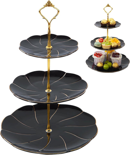 DUJUST Luxury Porcelain 3-Tier Cupcake Stand Tower, British Style Serving Tray with Golden Trim, Food Grade Dessert Display Stand, Beautiful Gift for Tea Party & Home Décor - Black