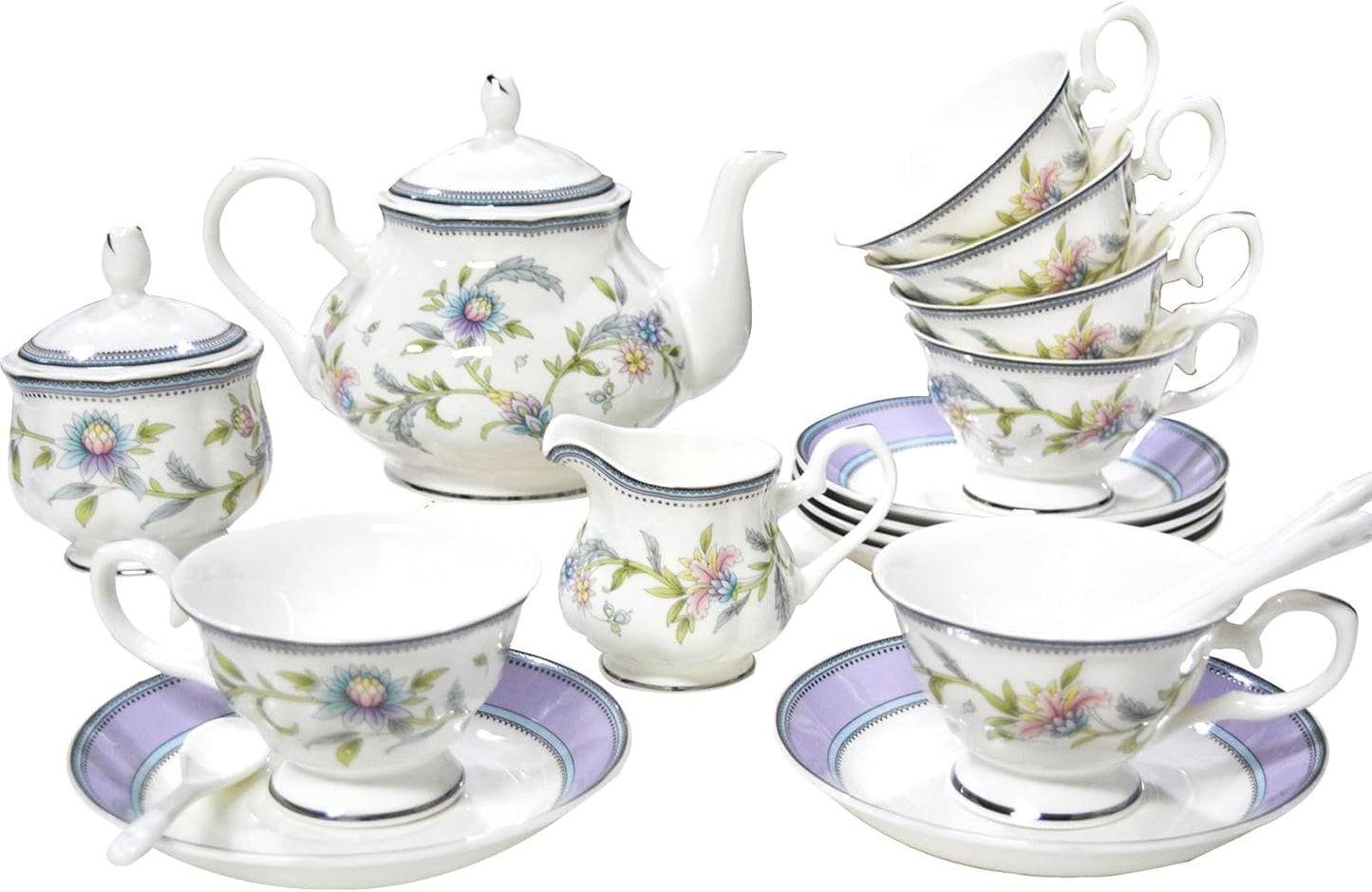Bone China Tea Set, 21-Pieces Porcelain Tea Set for Adults, Tea Cups And Saucers for 6, with Teapot, Spoons, Sugar Bowl, Creamer Pitcher, Vintage Tea Set for Women Tea Party (Purple)