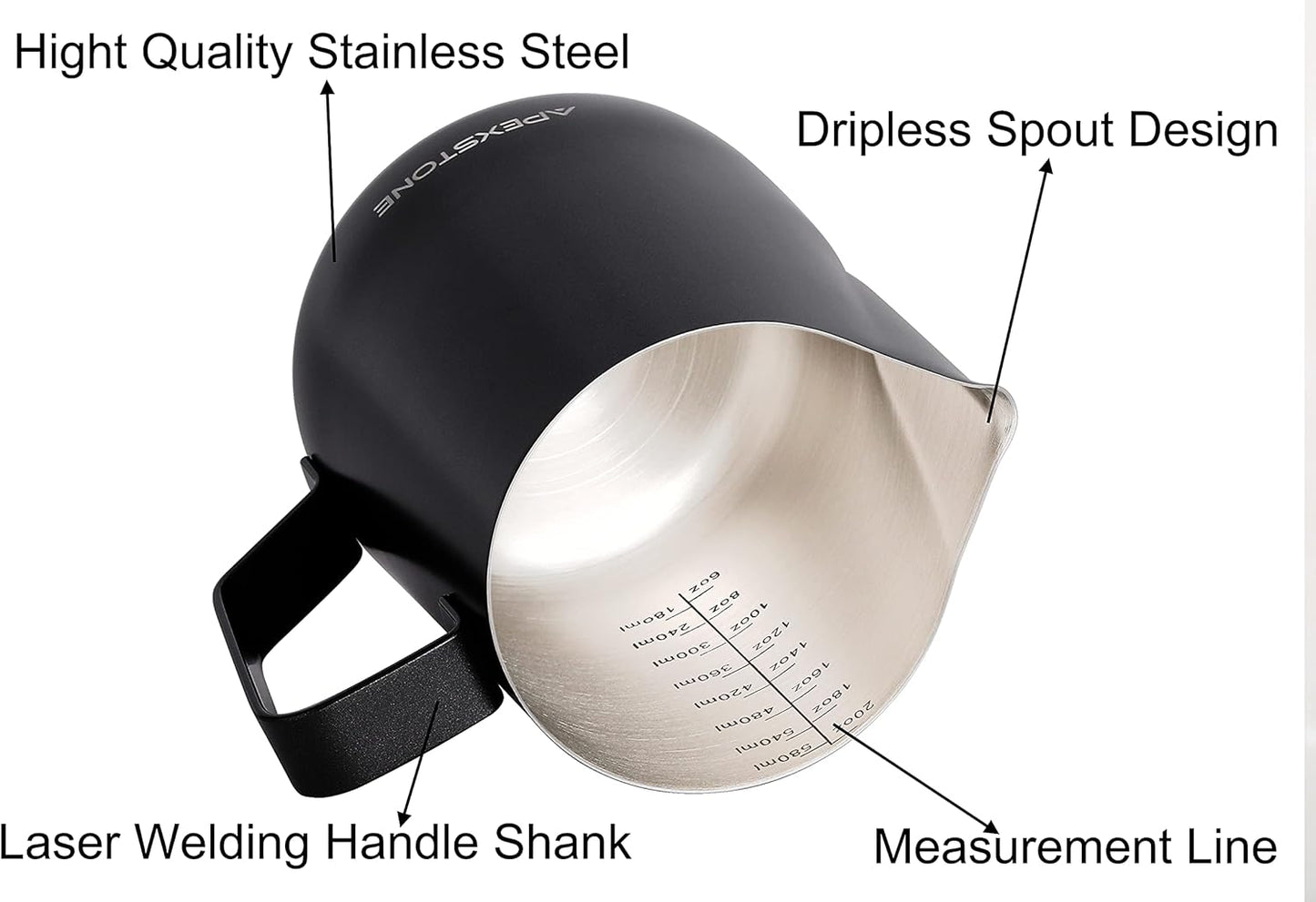 Apexstone 20 oz Black Espresso Steaming Pitcher, Espresso Milk Frothing Pitcher 20 oz Black, Coffee Milk Frothing Cup, Coffee Steaming Pitcher 20 oz/600 ml