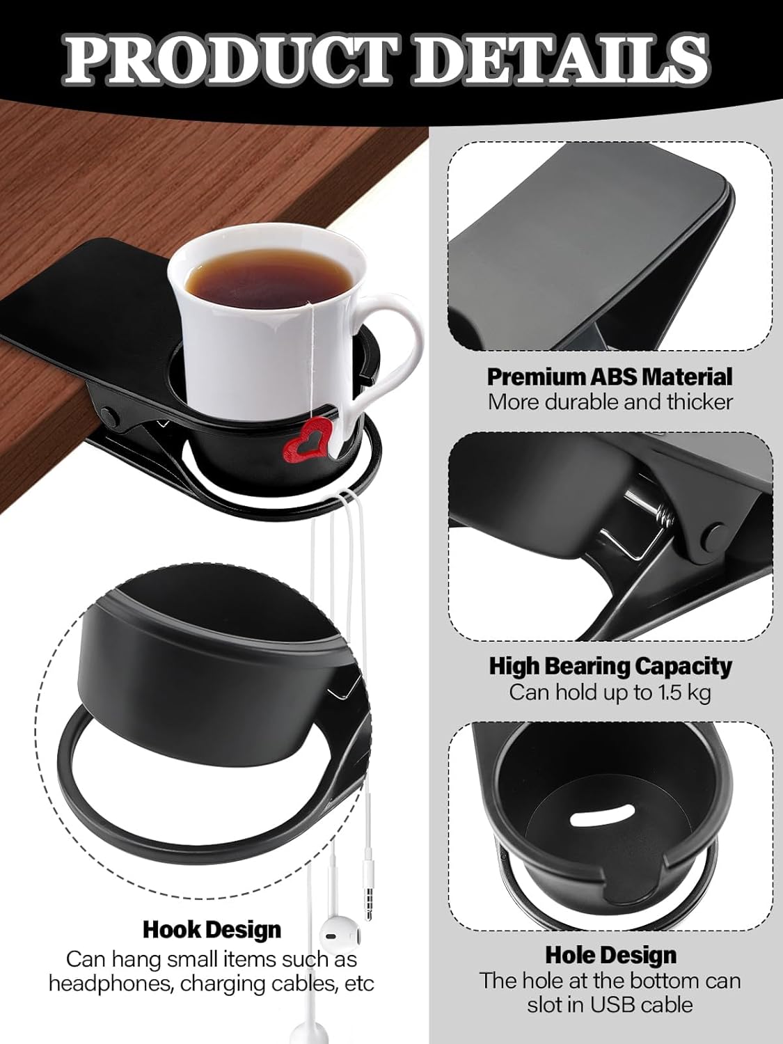 3PCS Drinking Cup Holder Clip Kalolary Chair Desk Bottle Cup Stand DIY Glass Clamp Storage Saucer Clip with Groove for Potted Plant Beverage Coffee Mug Holder Clip for Home & Office (Black)