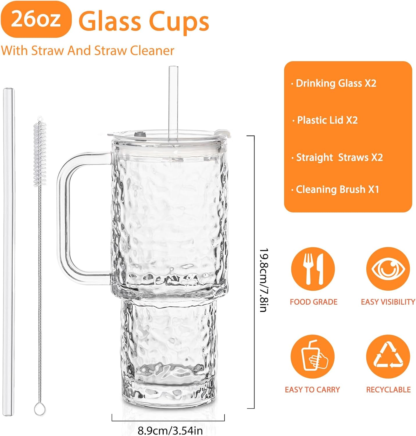 26oz Water Ripple Glass Tumbler with Handle & Lid, Reusable Iced Coffee Cups with Straws – Set of 2, Glass Cups for Smoothies, Juice, Coffee, Tea – Travel Mugs for Daily Use and To-Go