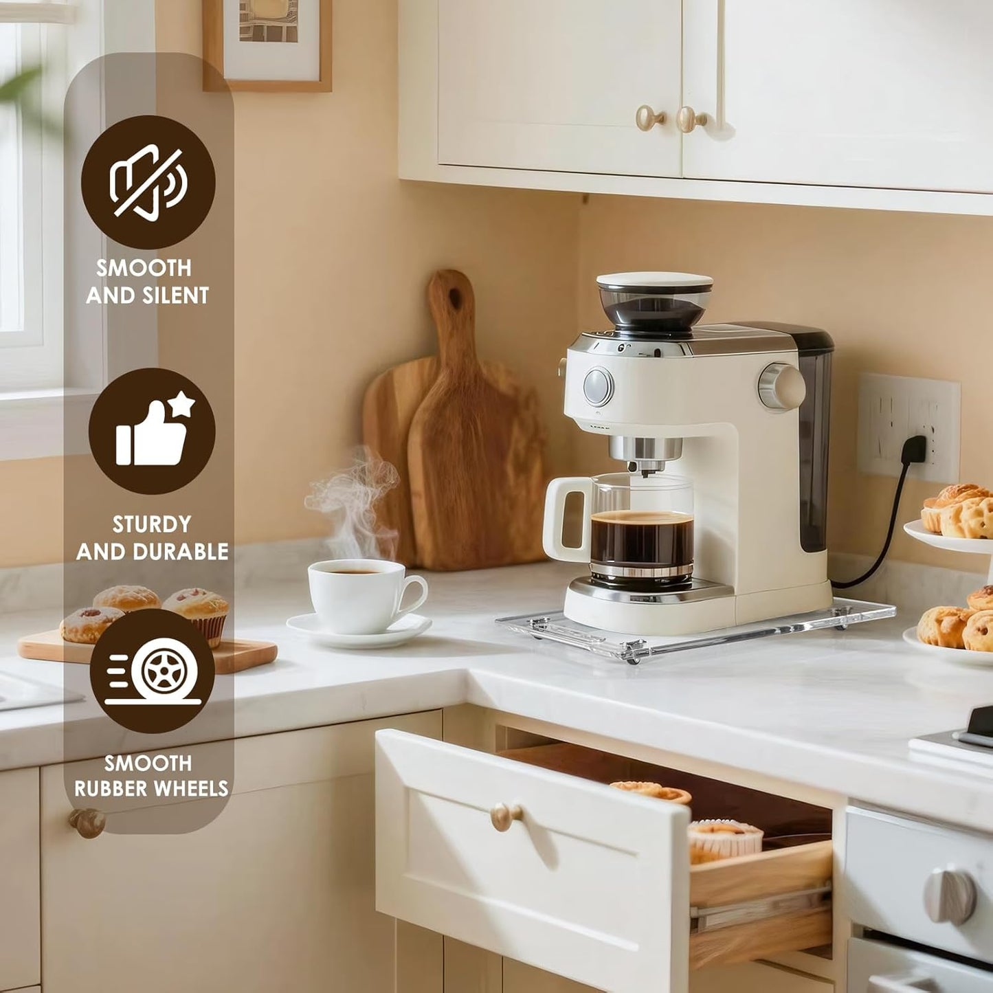 Appliance Sliders for Kitchen appliances Sliding Tray for Coffee Maker, Espresso Machines, Mixers Sturdy Kitchen Aid Sliders for Mixer - Duty Equipment with Rubber Wheels - 9.8" x 14" (Clear)