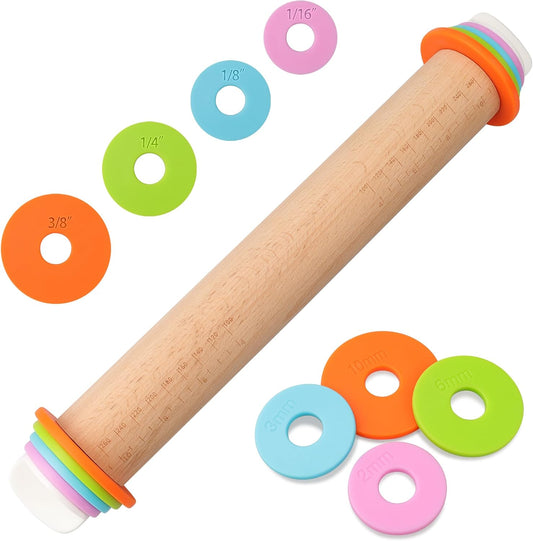 Adjustable Rolling Pin with Thickness Rings - 14 INCH Wood Dough Roller for Perfect Baking, Fondant & Cookies Ideal Rolling Pin for Dough & Cookie Decorating Supplies