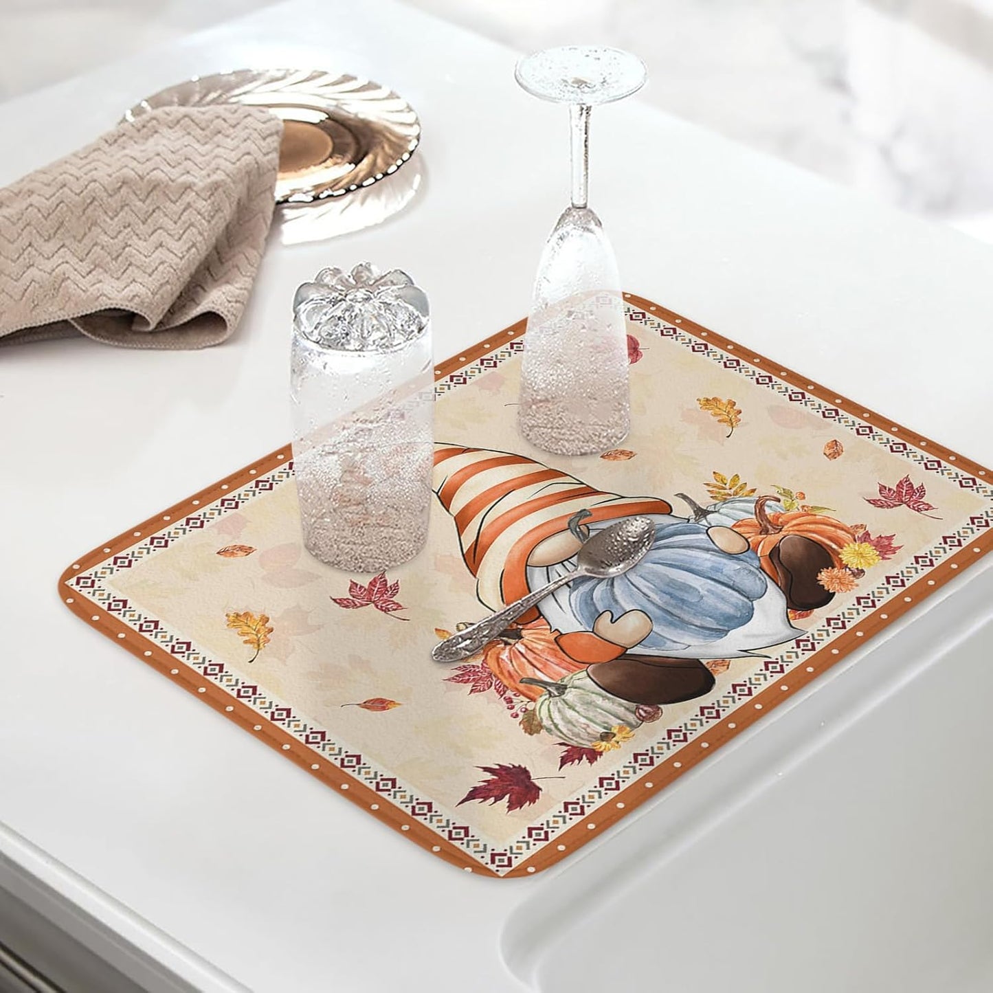 Fall Dish Drying Mat for Kitchen Counter Pumpkin Gnome Drying Pad Absorbent Drying Mats for Countertops Sinks Draining Racks Autumn Maple Leaves Drainer Holiday Harvest Thanksgiving Decorations 16x18