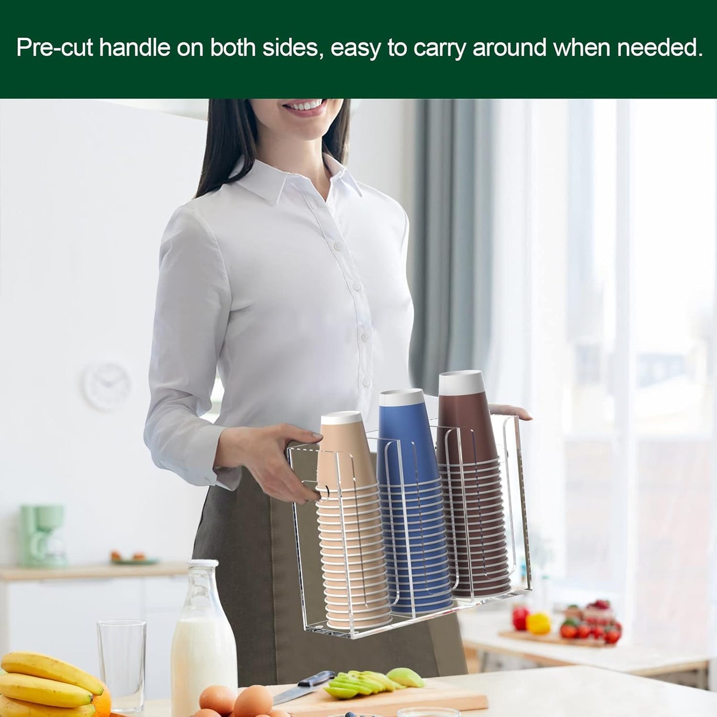 Disposable Coffee Cup Dispenser with Handles, Countertop or Wall Mount Hot/Cold Drink Cup and Lid Holder - Bathroom/Kitchen/Office Acrylic Cup Lid Storage Organizer (3 Compartments, Clear)