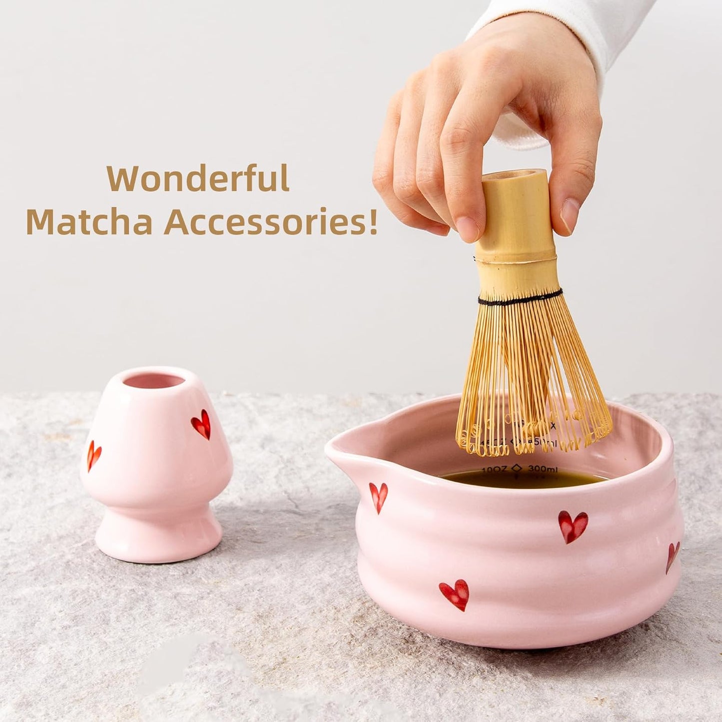 2pcs Matcha Bowl with Whisk Holder, Ceramic Pink Matcha Bowl with Spout, 16.5OZ Porcelain Bowl with Measurement Marks, Tea Mixing Bowl with Whisk Stand, Cute Matcha Gift Set (pink love)