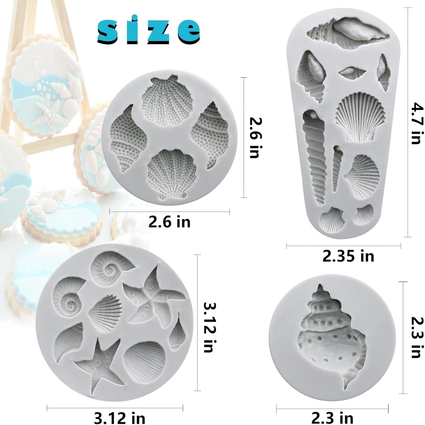 Sakolla Marine Theme Fondant Molds, 4 PCS Seashell Conch Starfish Baking Silicone Molds for Cake Decoration Chocolate Soap Crafting