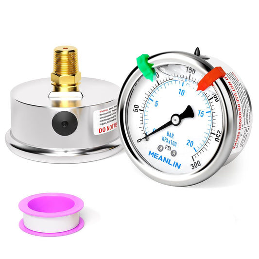MEANLIN MEASURE 0~300Psi Liquid Filled Pressure Gauge 1/4" NPT 2.5" FACE DIAL Stainless Steel Glycerin Filled WOG Water Oil Air Back Mount (with 2PCS Snaps)