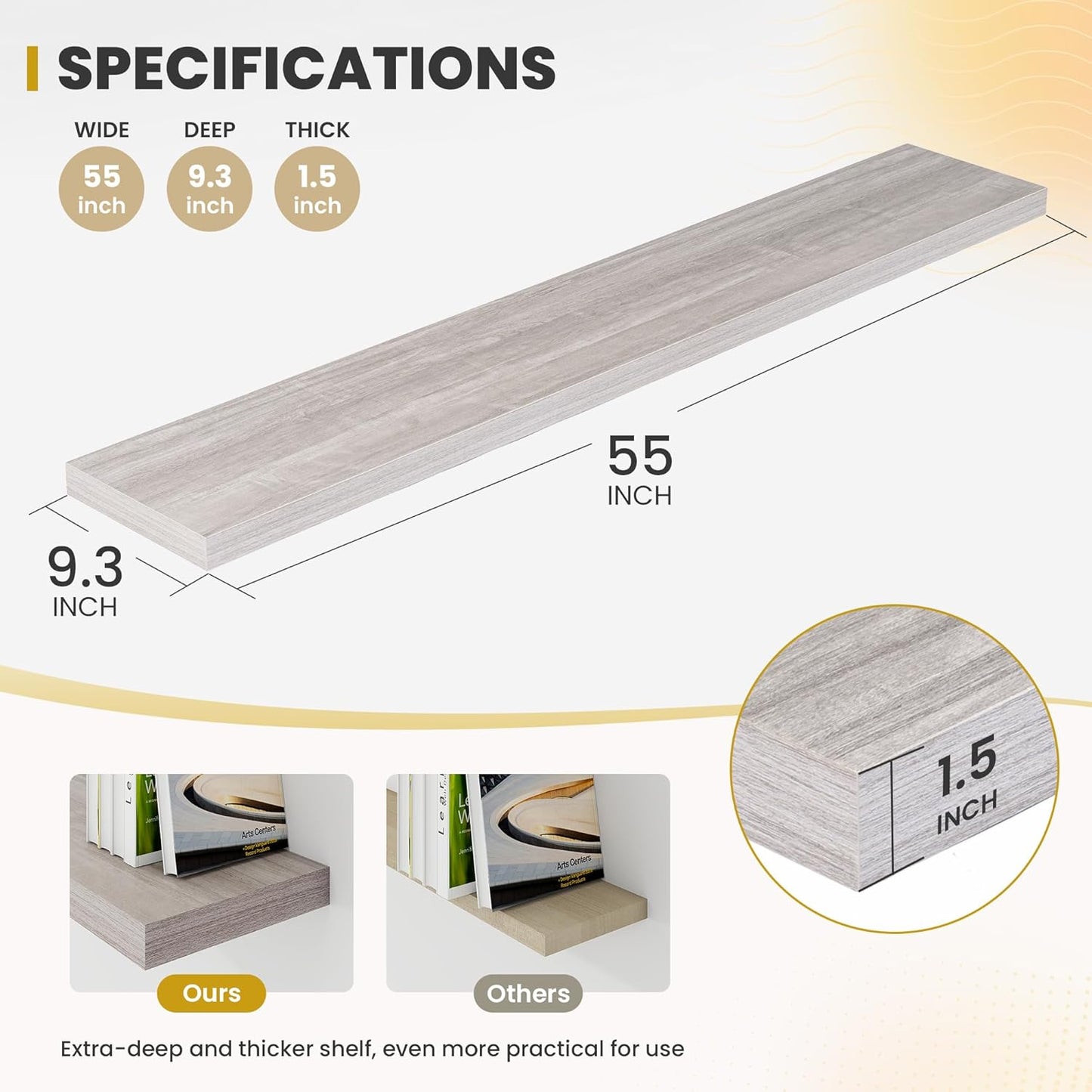 55 Inch Floating Shelves, 9.3" Deep Floating Shelf Wall Mounted, 56" Wall Shelves, Rustic Deep Bookshelf, Large Display Shelves & Storage Shelves for Bedroom, Living Room, Gray, Set of 1