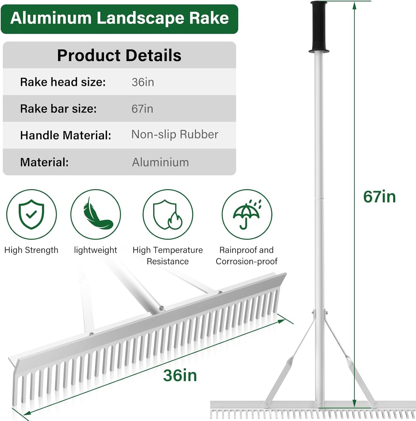 Aluminum Landscape Rake,36" Landscape Rake,Leaf Rake with 67 Inch Handle,Aluminum Yard Rake Tool for Loosening Soil,Lawn Care,Weeding Lake,Garden,Pond,Beach Landscaping(36" Head X 67" Handle)