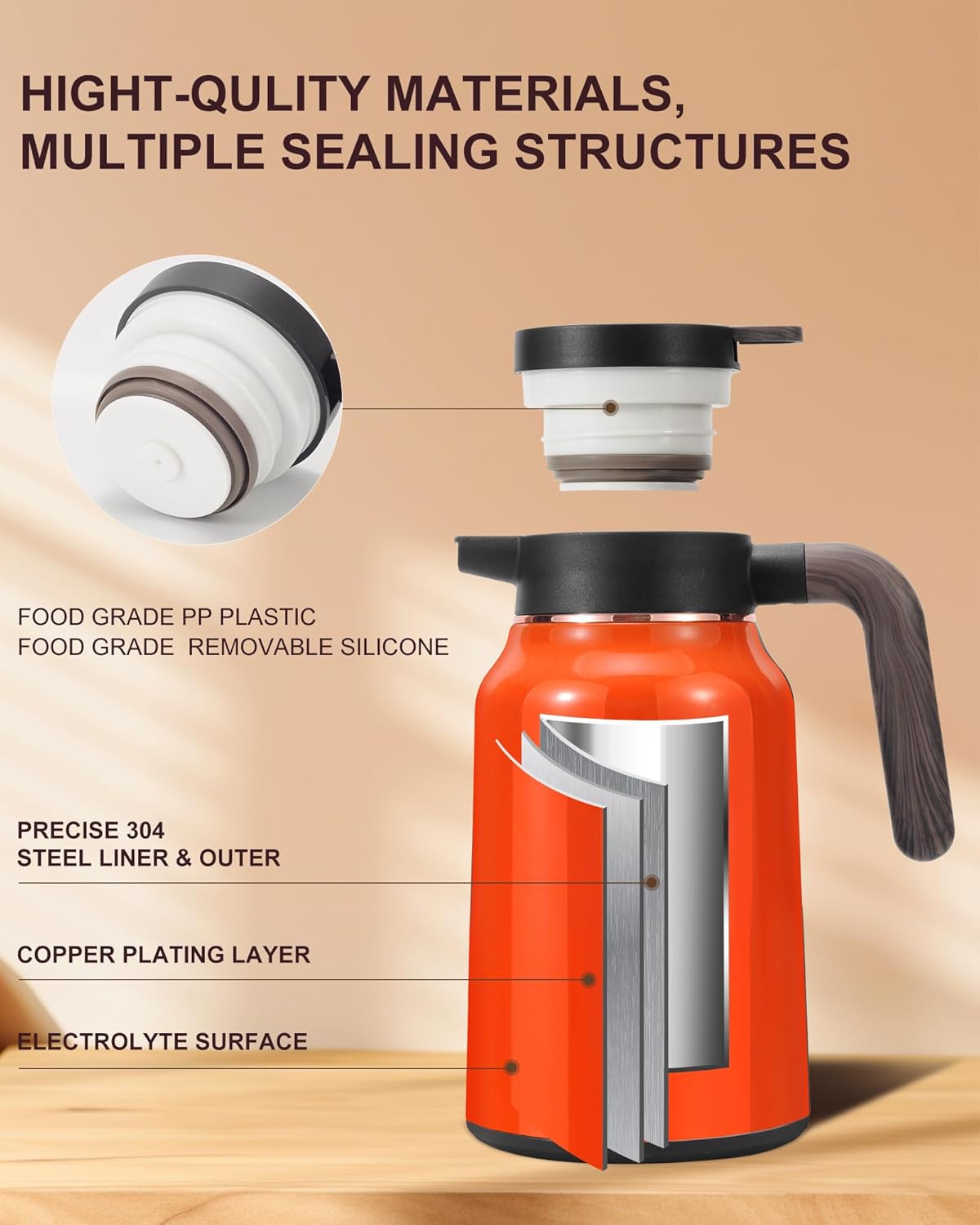 51 Oz Carafes for Hot Liquid, Stainless Steel Insulated Vacuum Thermal Coffee Carafes For Keeping Hot, 1.5 Liter Coffee Dispenser(Orange)