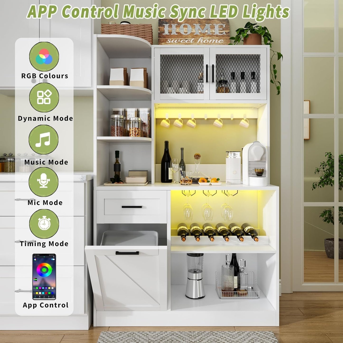 67.3" Tall Modern Kitchen Pantry Storage Cabinet with Drawer and Shelves, Tilt Out Trash Can, Coffee Bar Wine Cabinet with LED Lights and Power Outlet, Wine Glass Rack, 2 Mesh Doors (White)