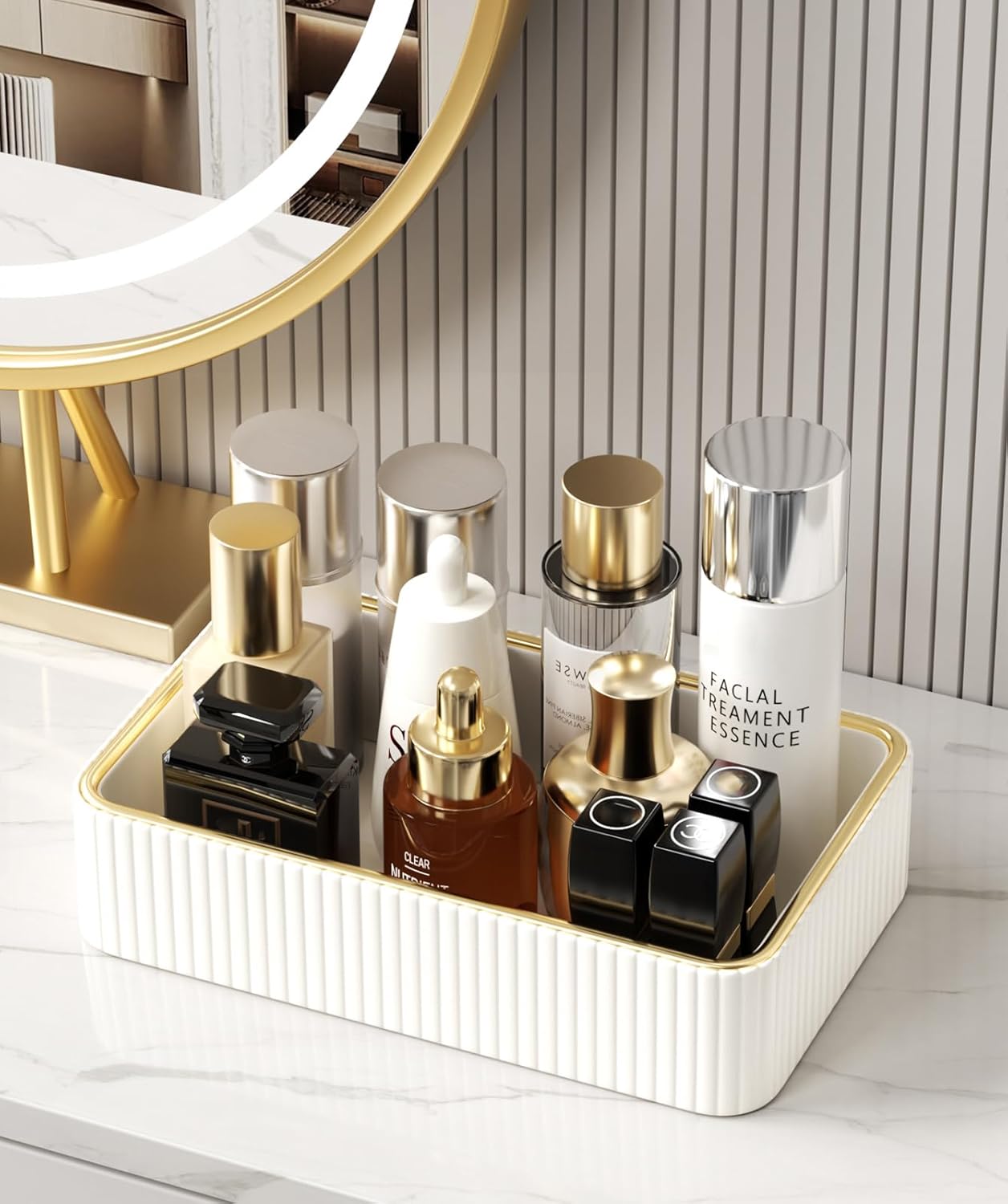 Desk Organizer Tray, PU Leather Valet Tray Nightstand Organizer Cologne Perfume Trays for Men Women, Decorative Vanity Trays Key Bowl Trinket Dish (Ivory, 9.5" x 6" x 2.2")