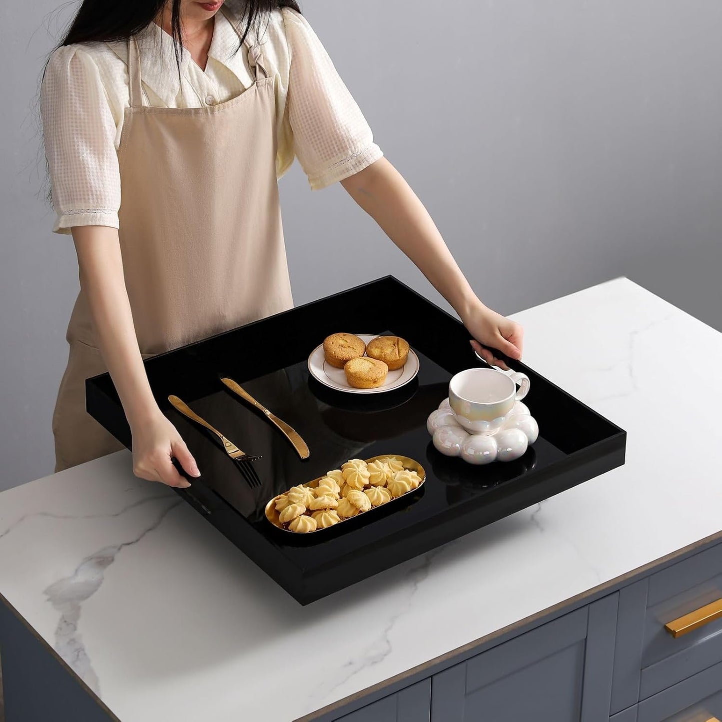 Glossy Black Sturdy Acrylic Serving Tray with Handles-24x24Inch-Serving Coffee,Appetizer,Breakfast,Butler-Kitchen Countertop Tray-Makeup Drawer Organizer-Vanity Table,Ottoman Tray-Decorative