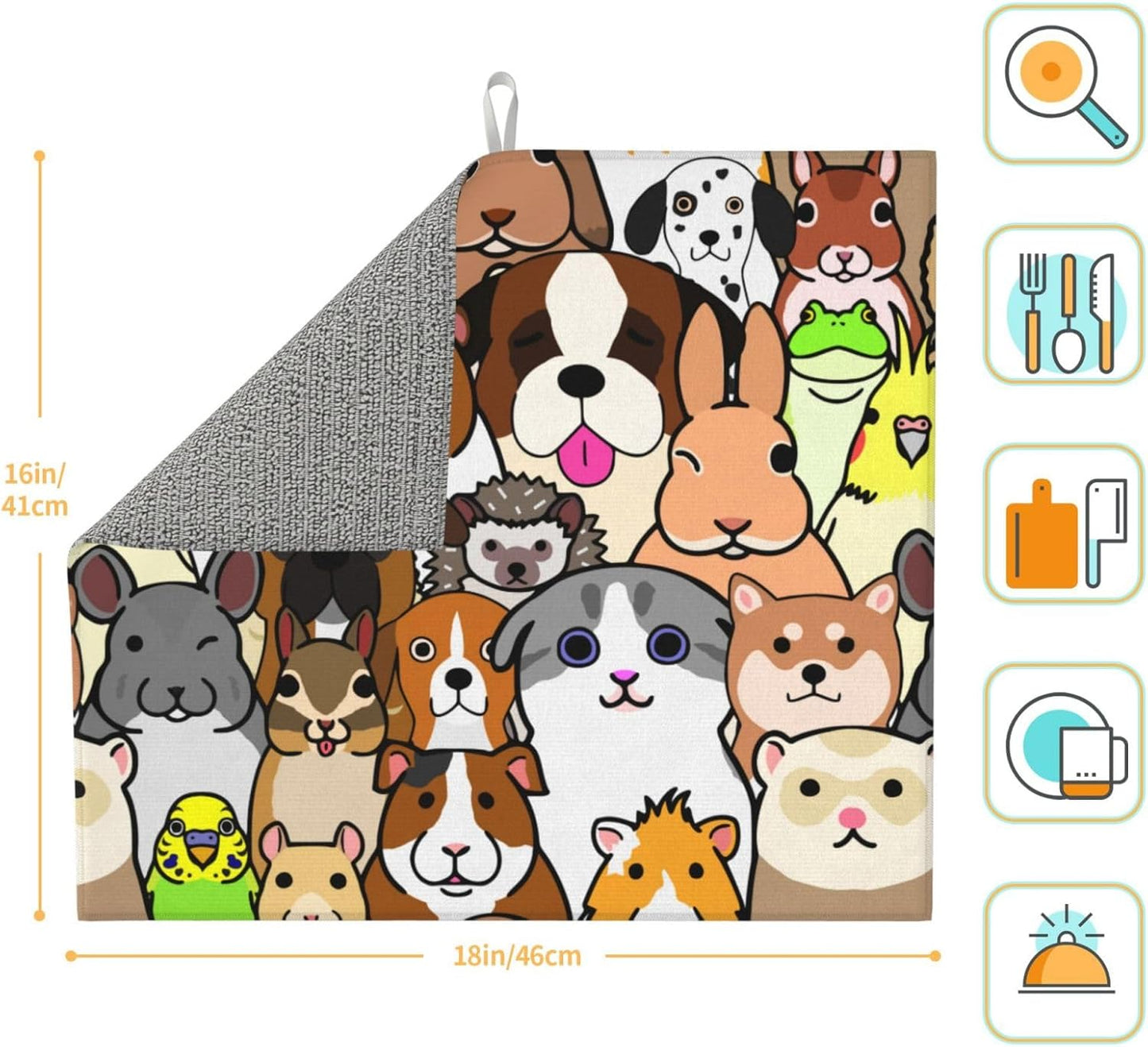 Cute Animals Pattern Dish Drying Mat, Highly Absorbent Microfiber Kitchen Counter Pad Reusable Washable, 16*18"