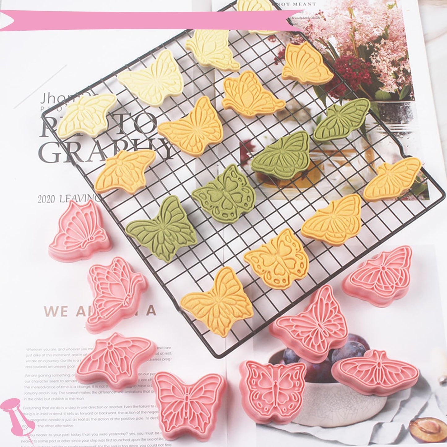 Butterfly Cookie Cutters 8 Pcs Plastic Biscuit Cutter Set 3D Pressable Cake Baking Fondant Embosser Stamps for Party Decoration Pastry Tools (F8)