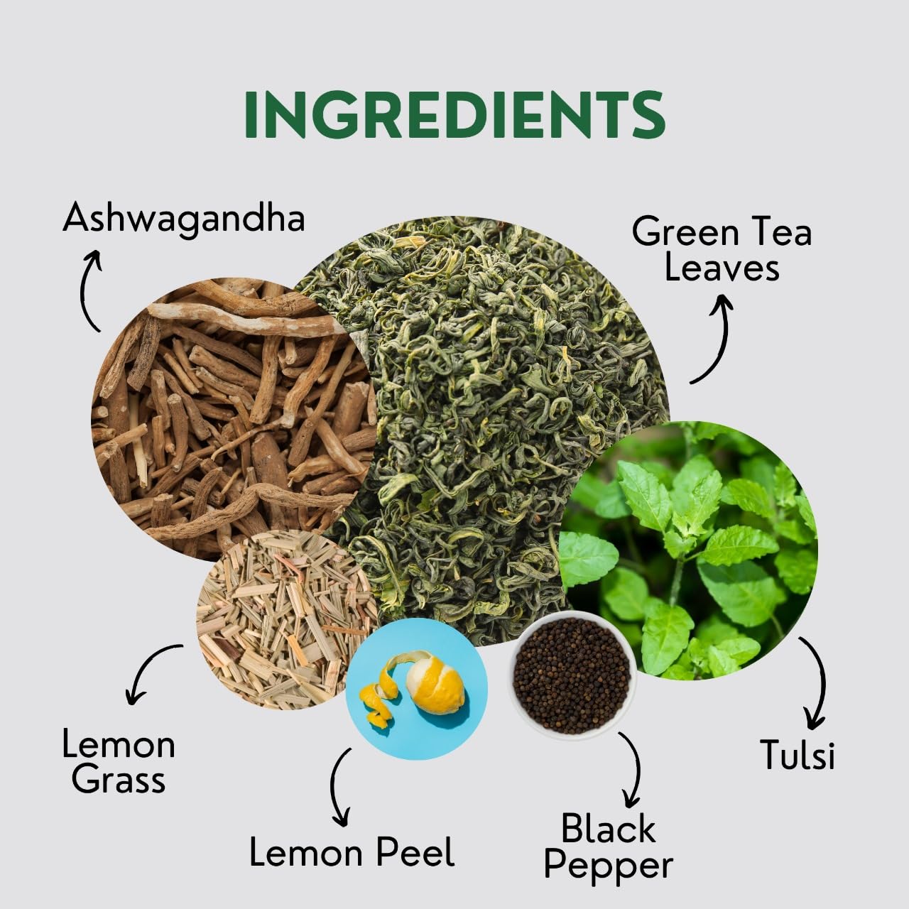 Tulsi Ashwagandha Green Tea Bags (50 Count), Green Tea with Tulsi, Ashwagandha, Lemongrass and Black Pepper, Caffeinated, Real and Natural Green Tea, Blended with Fresh Herbs and Spices, Gluten Free