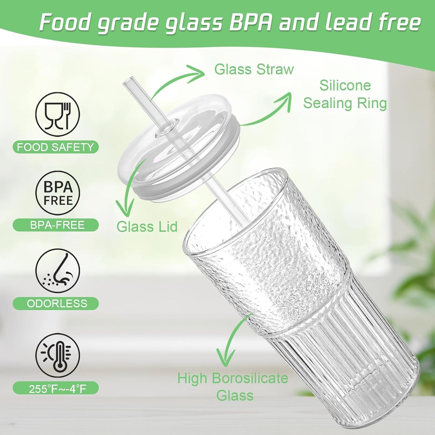 Glass Cups with Lids and Glass Straws, High Borosilicate 20OZ Tumblers (2Pcs) for Coffee, Tea, Juice, Smoothies, Hot/Cold Drinks at Home, Office