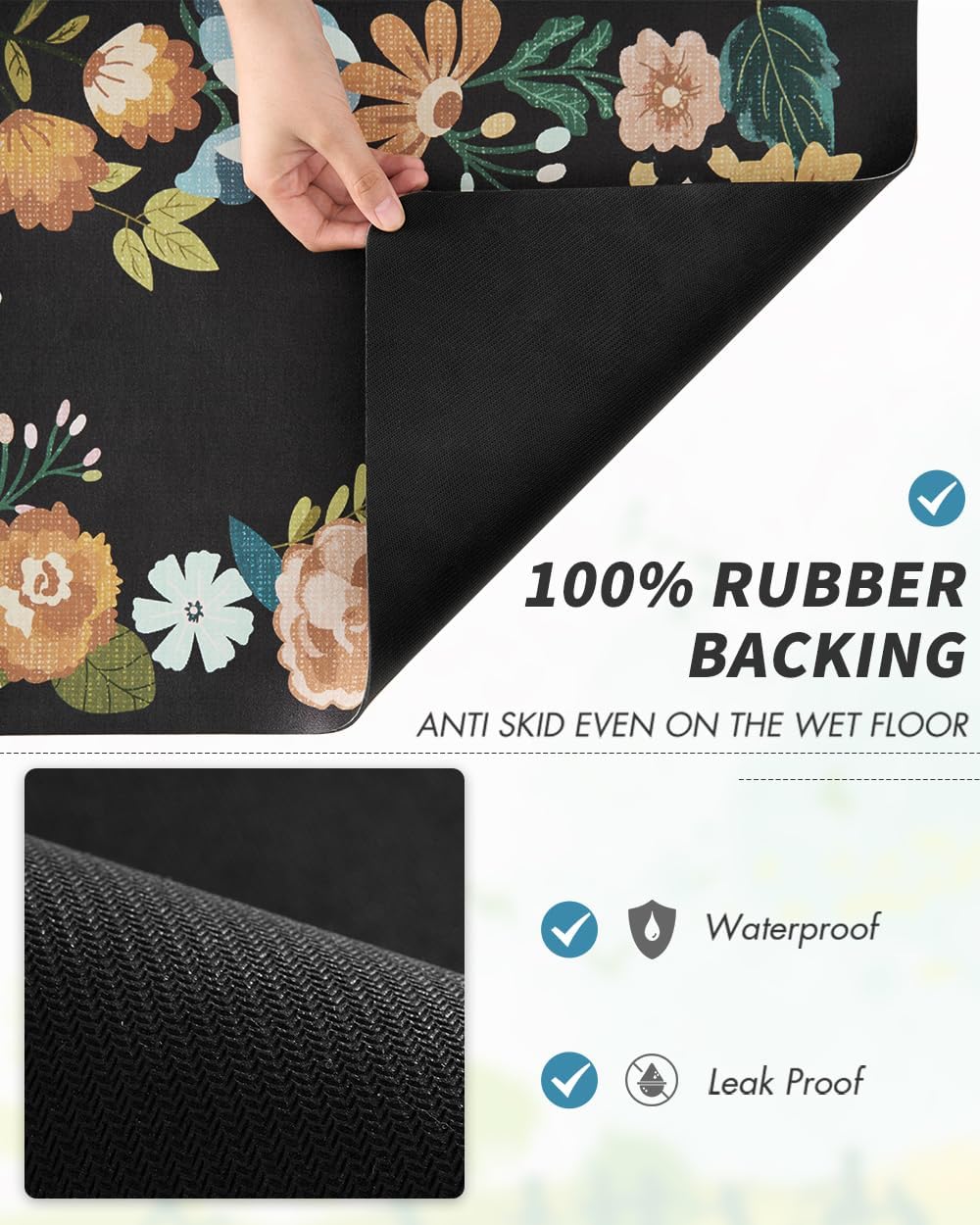 AMOAMI Coffee Mat Hide Stain Rubber Backed Absorbent Dish Drying Mat for Kitchen Counter - Bar Accessories Fit Under Coffee Maker, Espresso Machine, Dish Rack - Floral Black 16x24