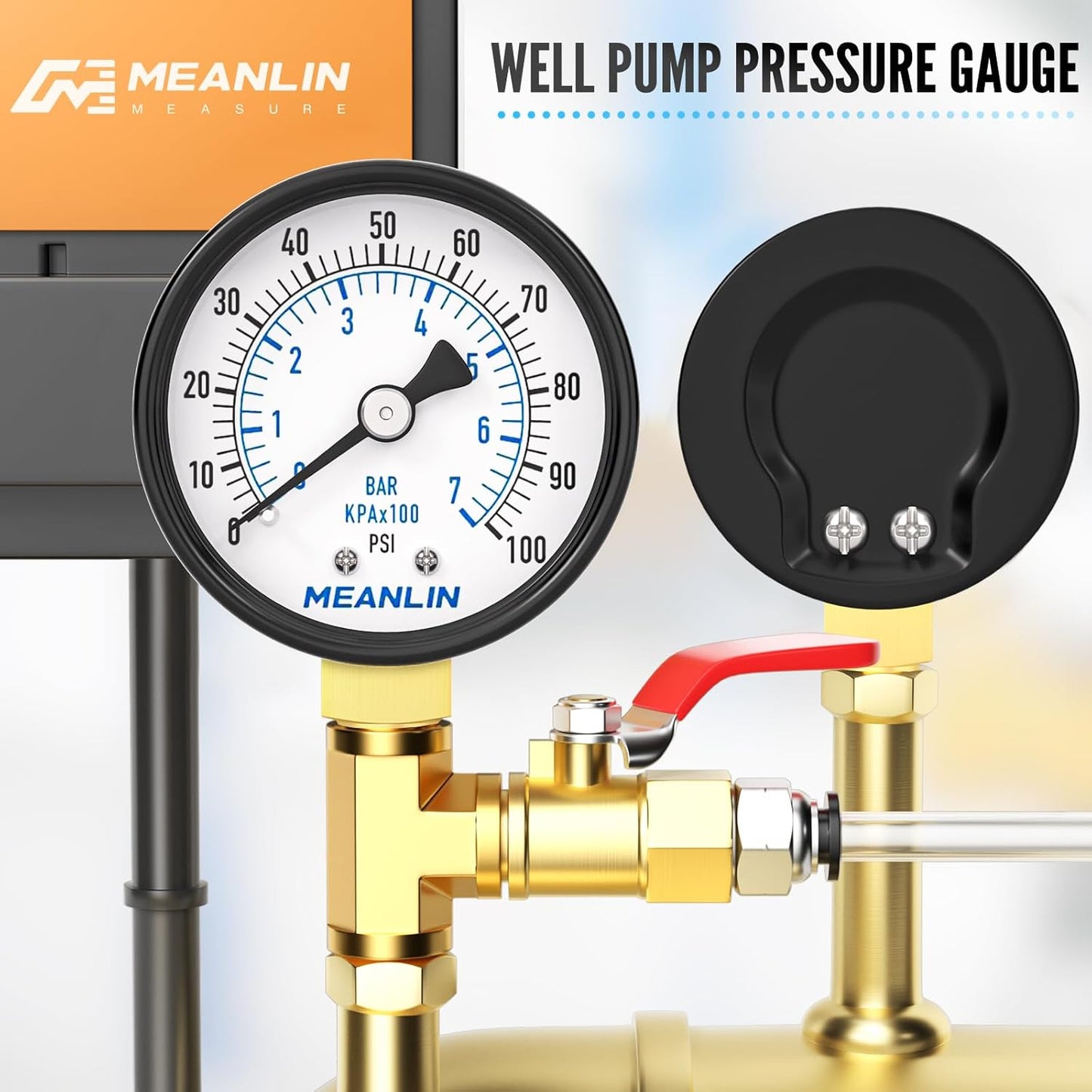 MEANLIN MEASURE 0-100Psi Well Pump Pressure Gauge 1/4" NPT 2" FACE DIAL for Well Pump Water Tire Water Pressure Tester Lower Mount, with Teflon Tape