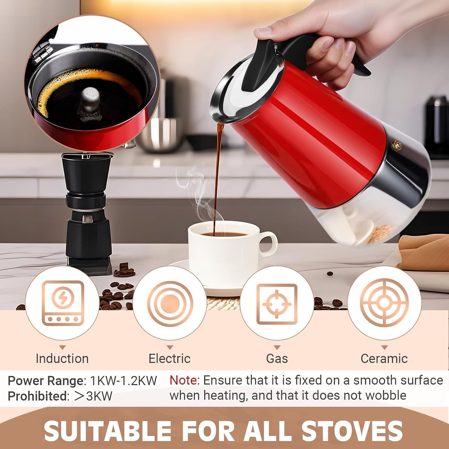 Moka Pot, 9 Cups (15.9 oz) Stovetop Espresso Maker, 304 Stainless Steel Moka Pot, Induction Compatible, Red