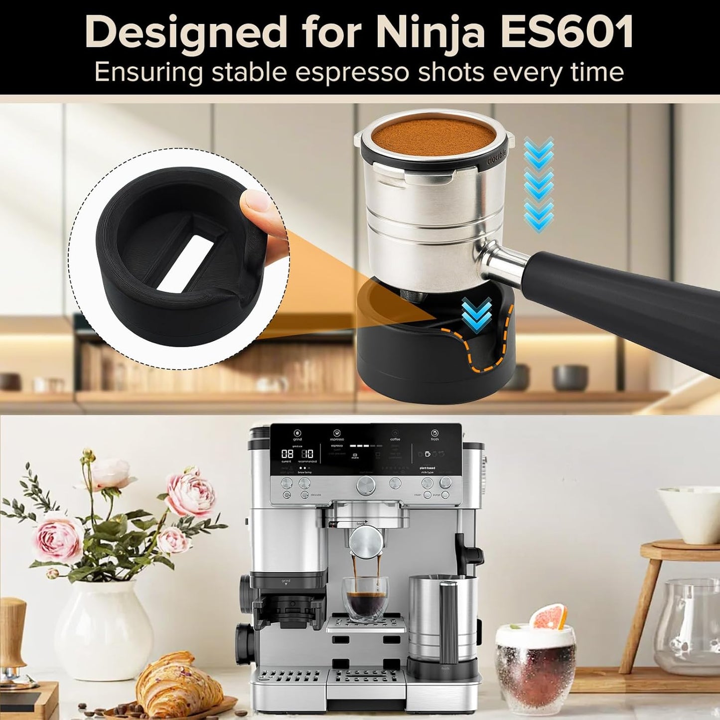Coffee Tamping Base for Ninja Espresso Machine ES601/ES701 Portafilter, Improves Tamping Stability and Extraction, Sturdy Tamping Station Portafilter Holder for Ninja Luxe Cafe Accessories, Black